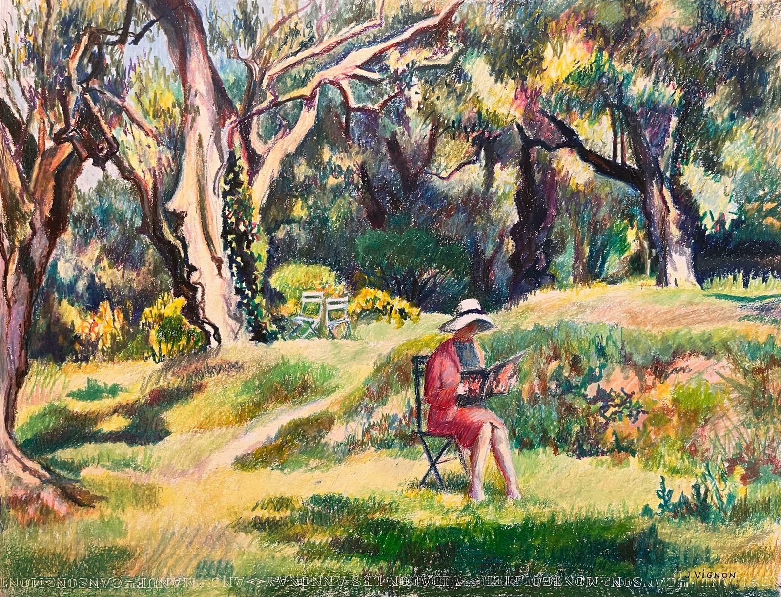 Josine Vignonmid Century French Original Pastel Drawing Of Woman Reading In A Sunlit Garden1950's