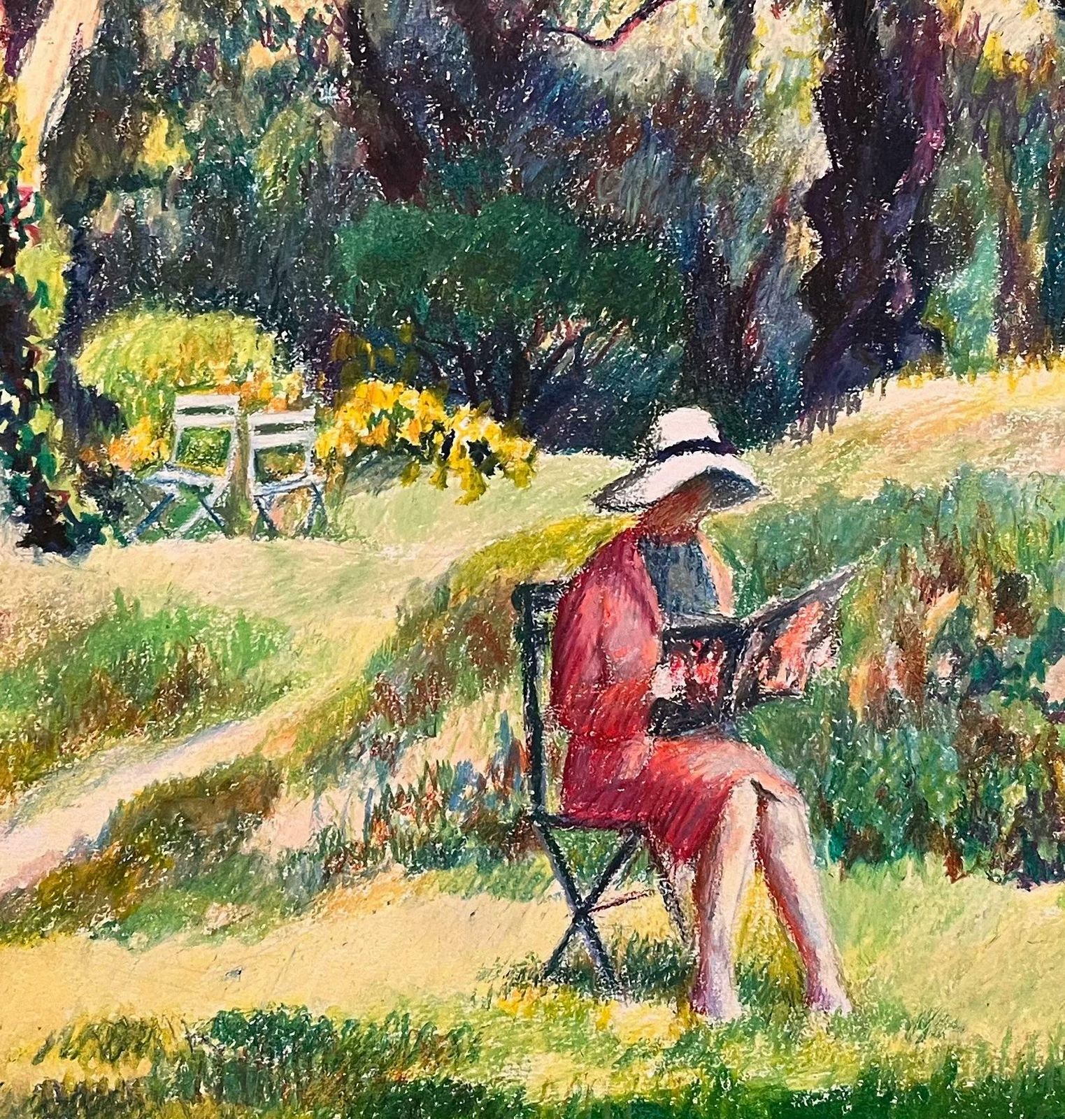 Josine Vignonmid Century French Original Pastel Drawing Of Woman Reading In A Sunlit Garden1950's photo buy