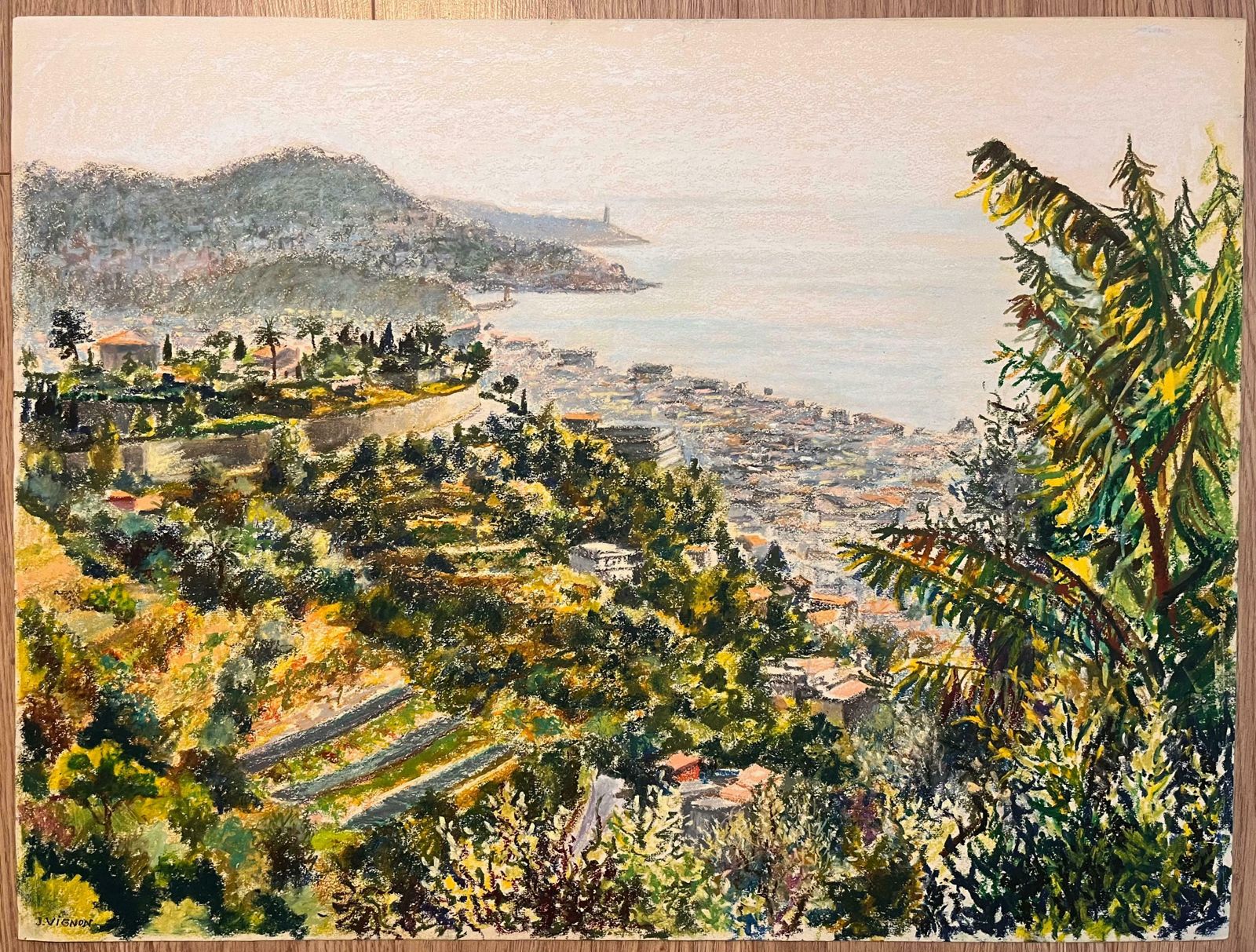 Josine Vignonmid Century French Pastel Drawing Of Coastal Hillside With Sea And Town View1950's photo furniture