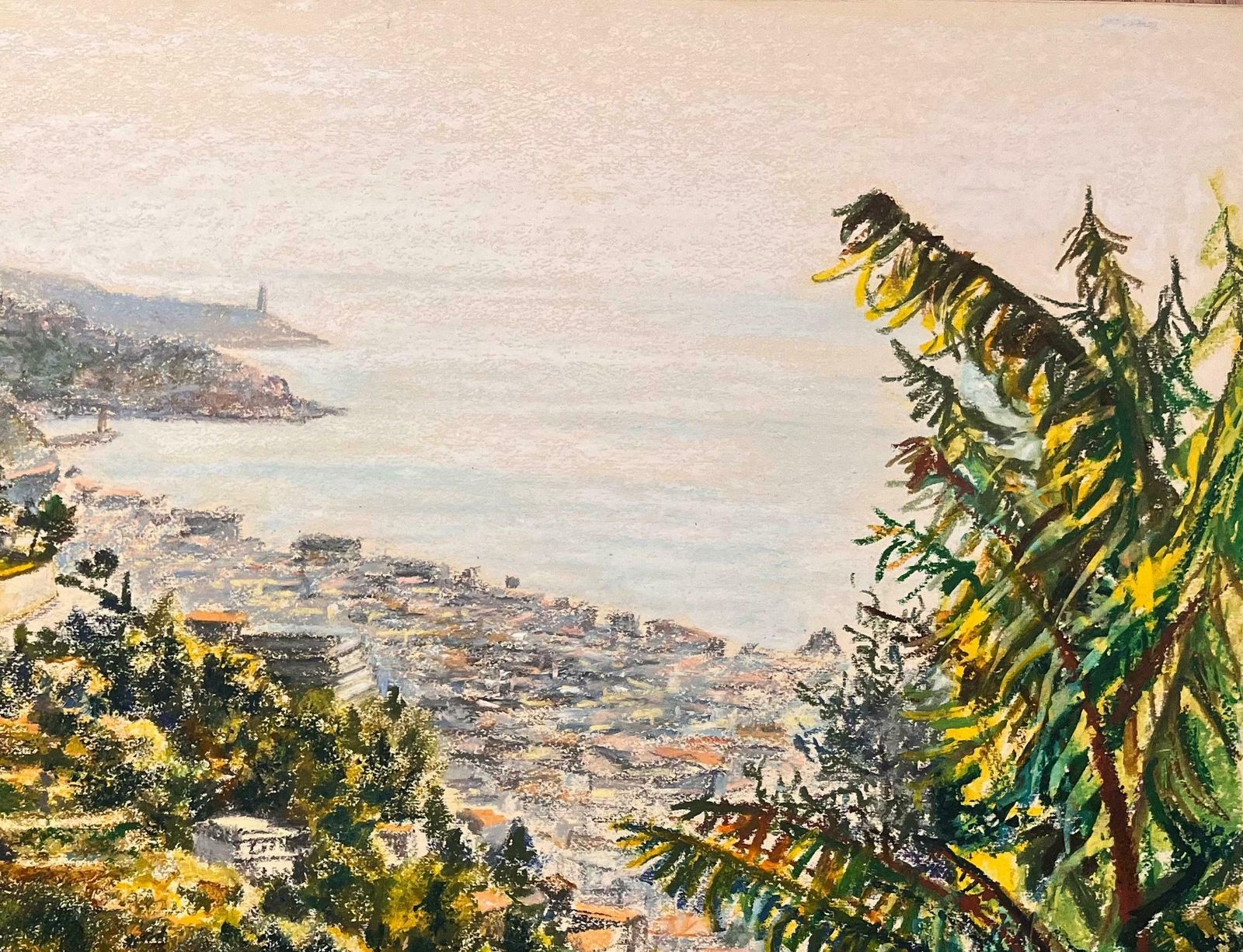 Josine Vignonmid Century French Pastel Drawing Of Coastal Hillside With Sea And Town View1950's photo Art