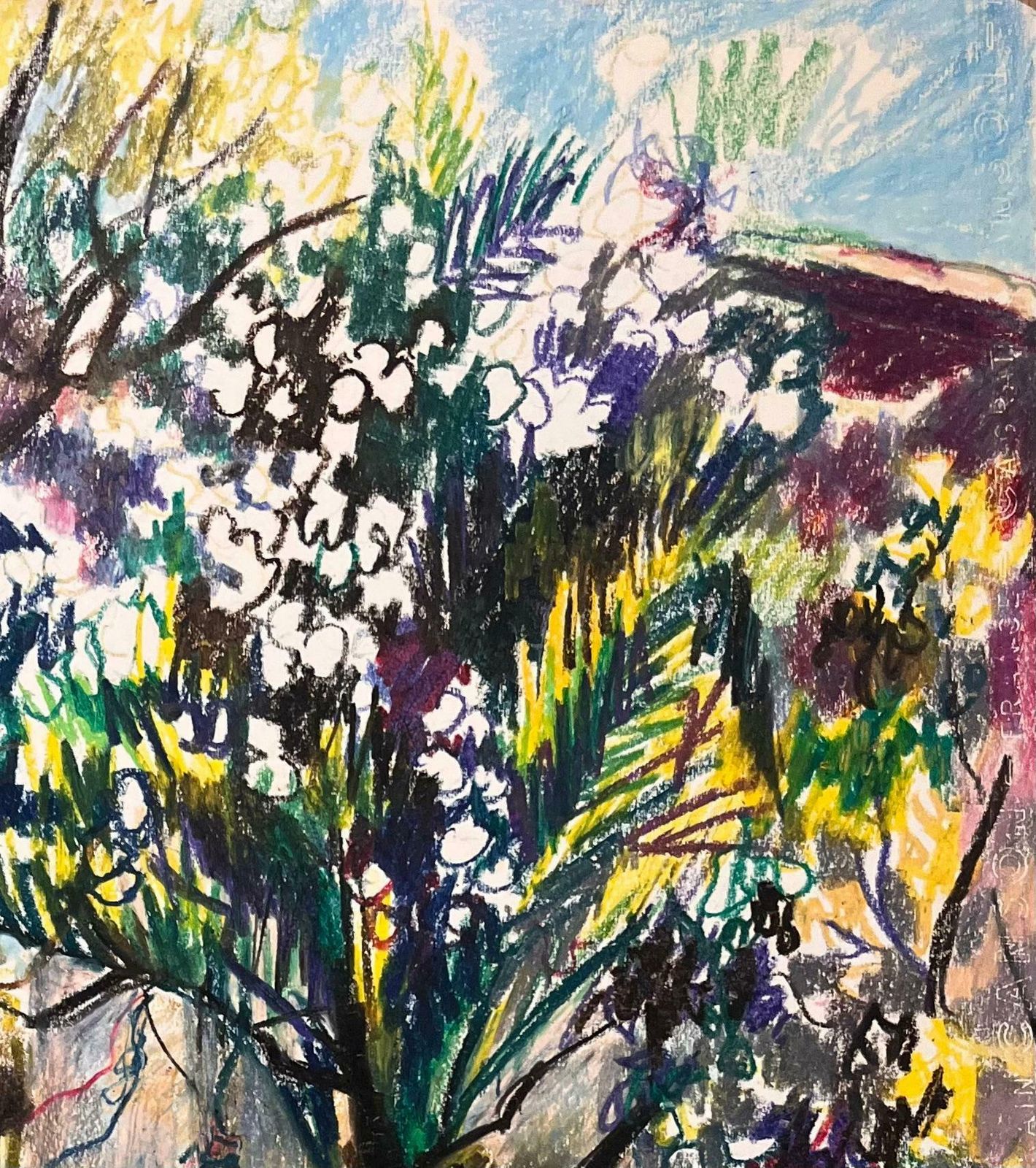 Josine Vignonmid Century French Pastel Drawing Of Sunlit Garden With Blooming Trees1950's photo Art