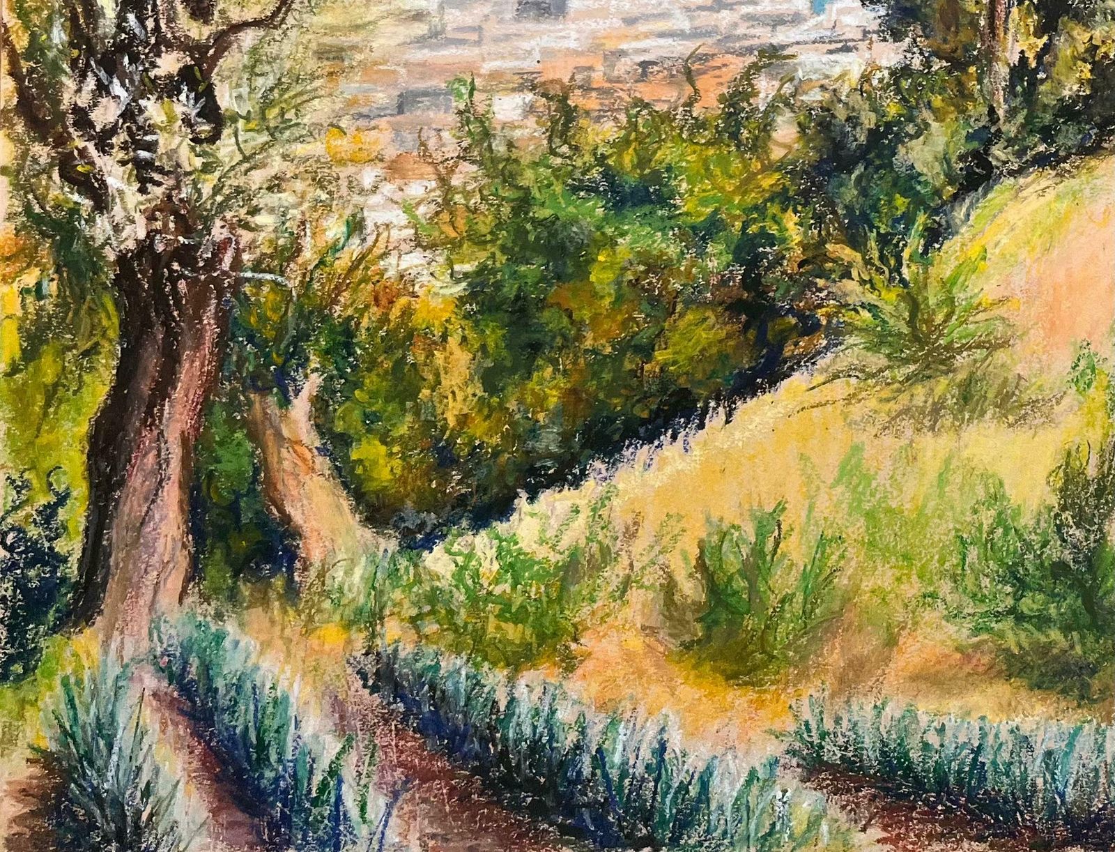 Josine Vignonmid Century French Pastel Drawing Of Hillside View Looking Down To Coastal Town1950's photo vinterior