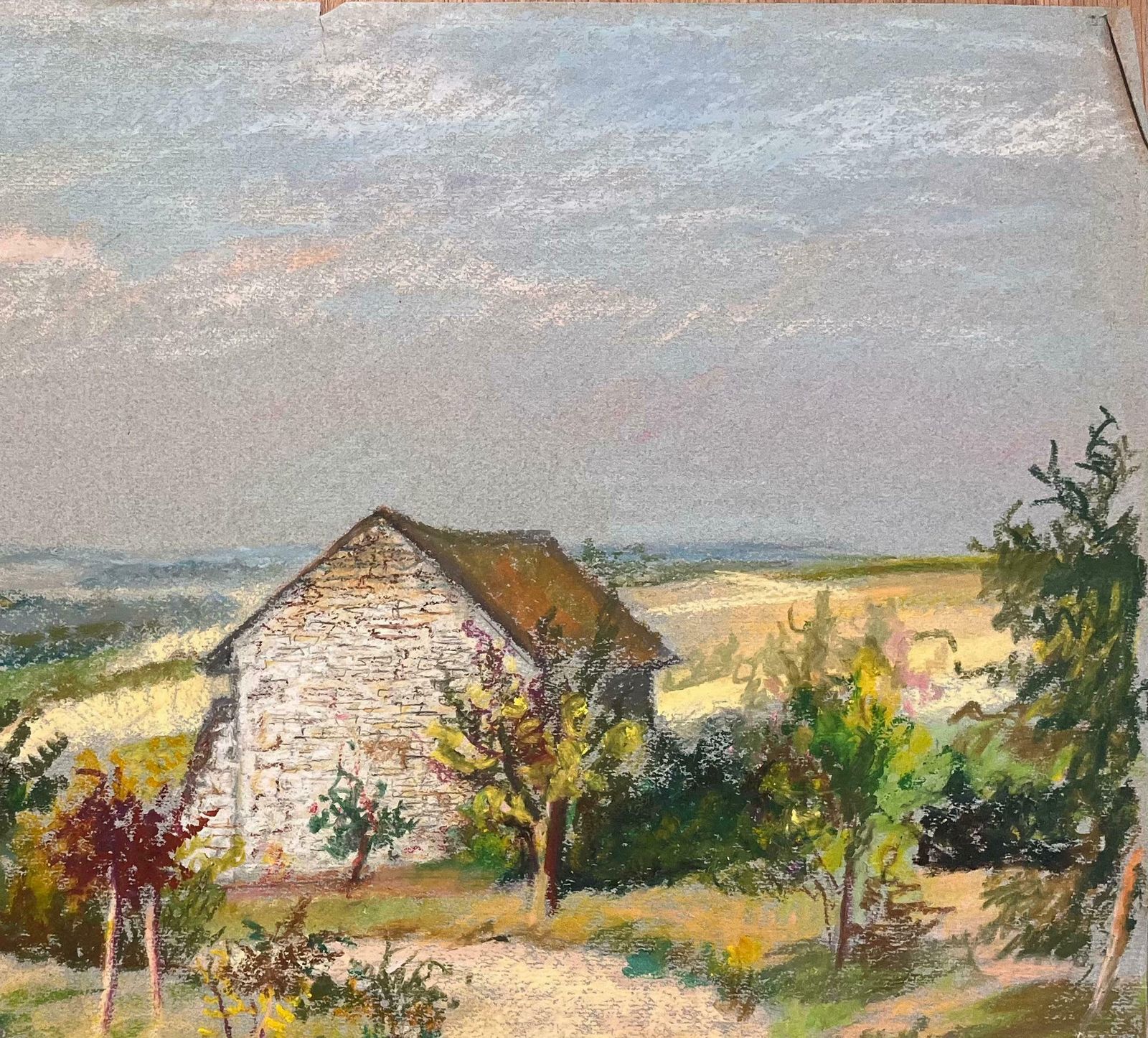Josine Vignonmid Century French Pastel Drawing Of Courtyard With Stone Buildings And Garden1950's photo Art