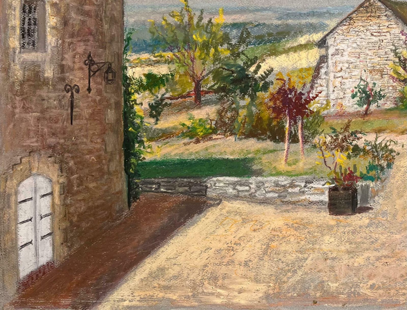 Josine Vignonmid Century French Pastel Drawing Of Courtyard With Stone Buildings And Garden1950's photo 590.0