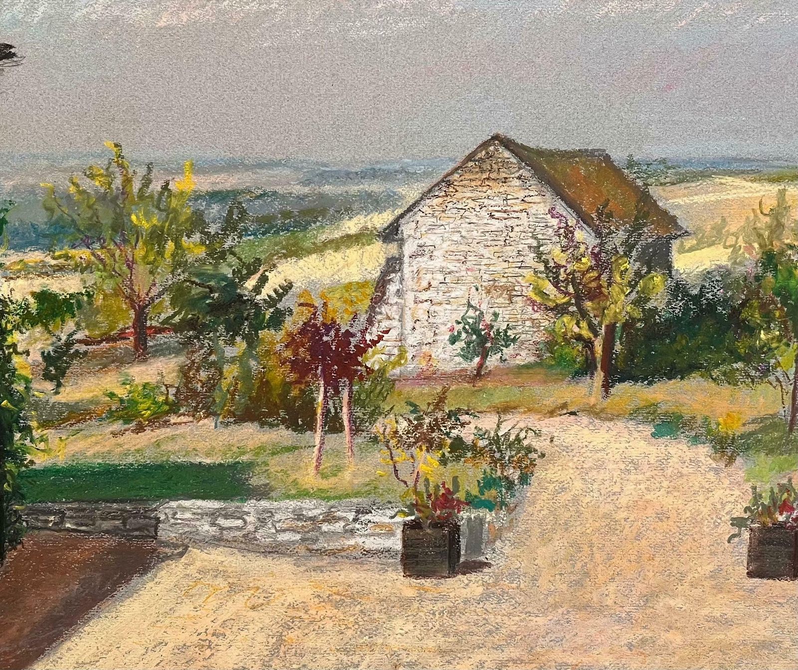 Josine Vignonmid Century French Pastel Drawing Of Courtyard With Stone Buildings And Garden1950's photo vinterior