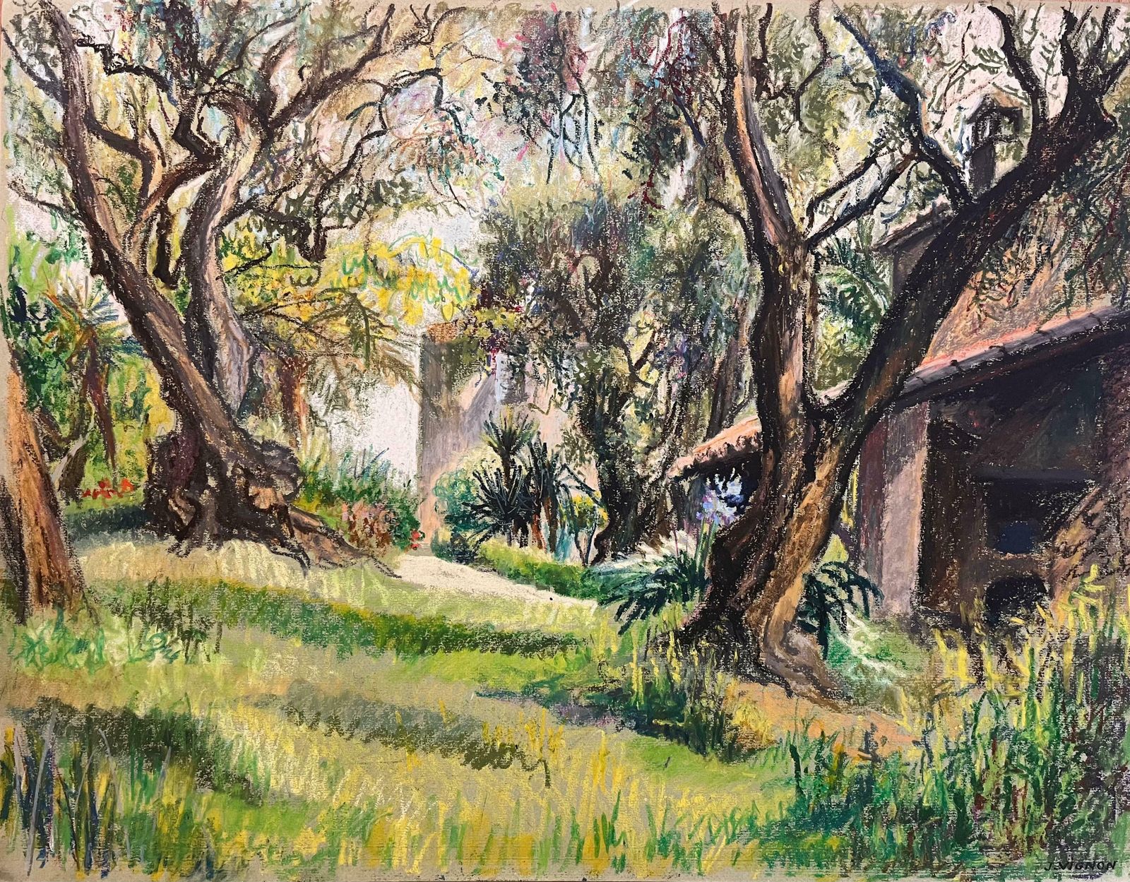 Josine Vignonmid Century French Pastel Drawing Of Garden With Olive Trees And Cottage1950's