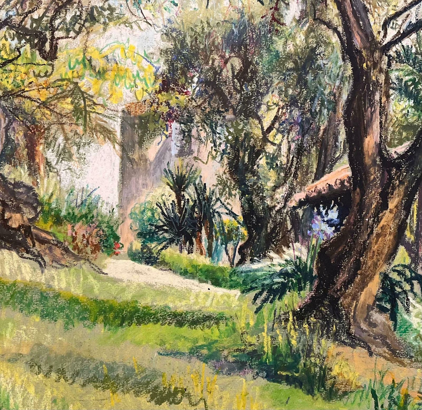 Josine Vignonmid Century French Pastel Drawing Of Garden With Olive Trees And Cottage1950's photo buy
