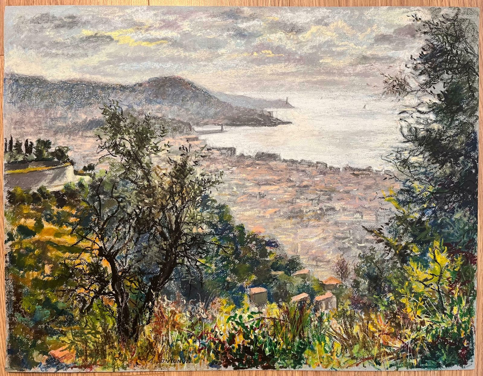 Josine Vignonmid Century French Pastel Drawing Of Coastal Town With Hills Overlooking The Sea1950's photo furniture