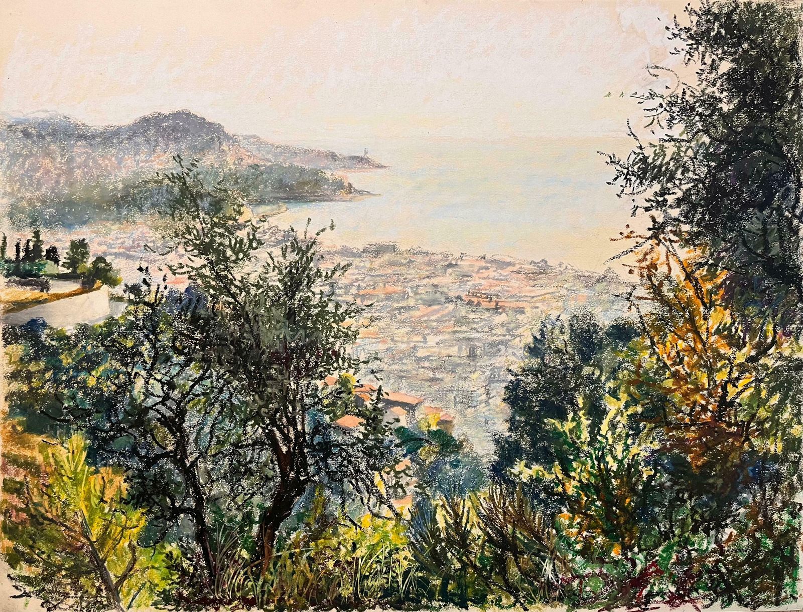 Josine Vignonmid Century French Pastel Drawing Of A Lush Garden Overlooking Coastal Scene1950's