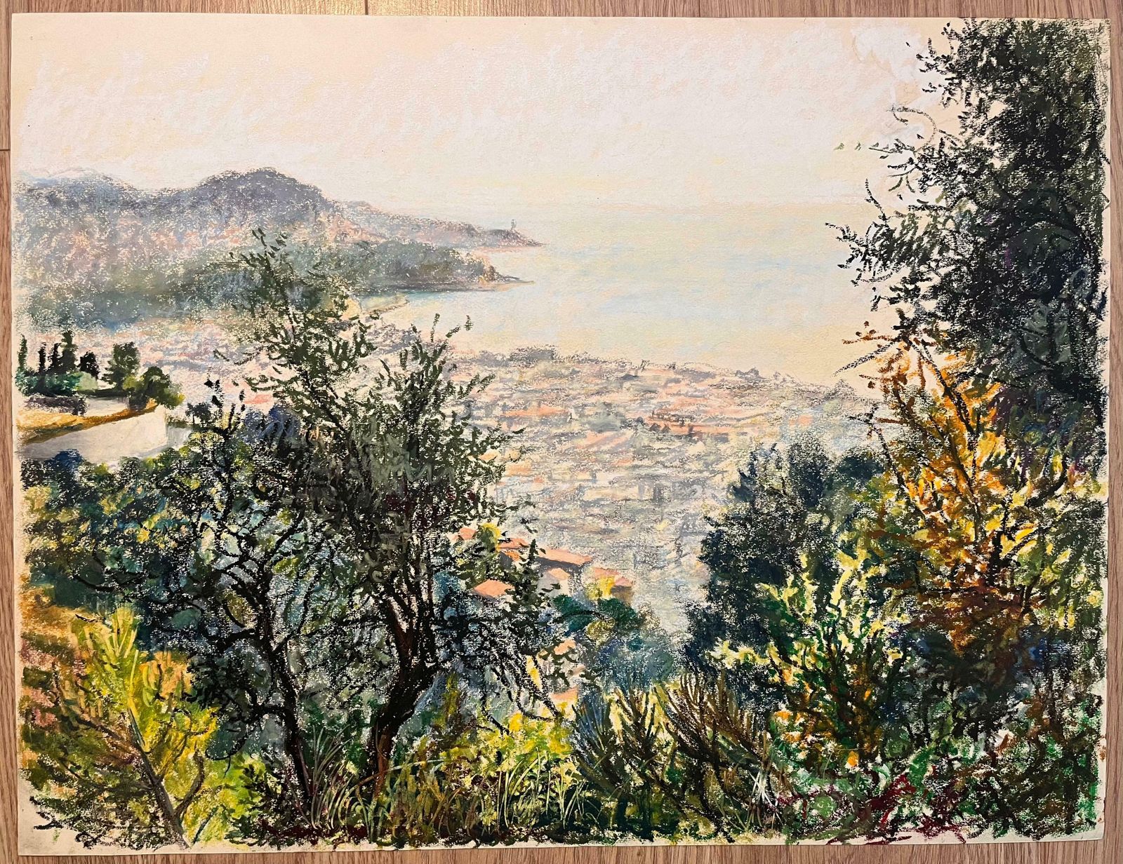 Josine Vignonmid Century French Pastel Drawing Of A Lush Garden Overlooking Coastal Scene1950's photo furniture