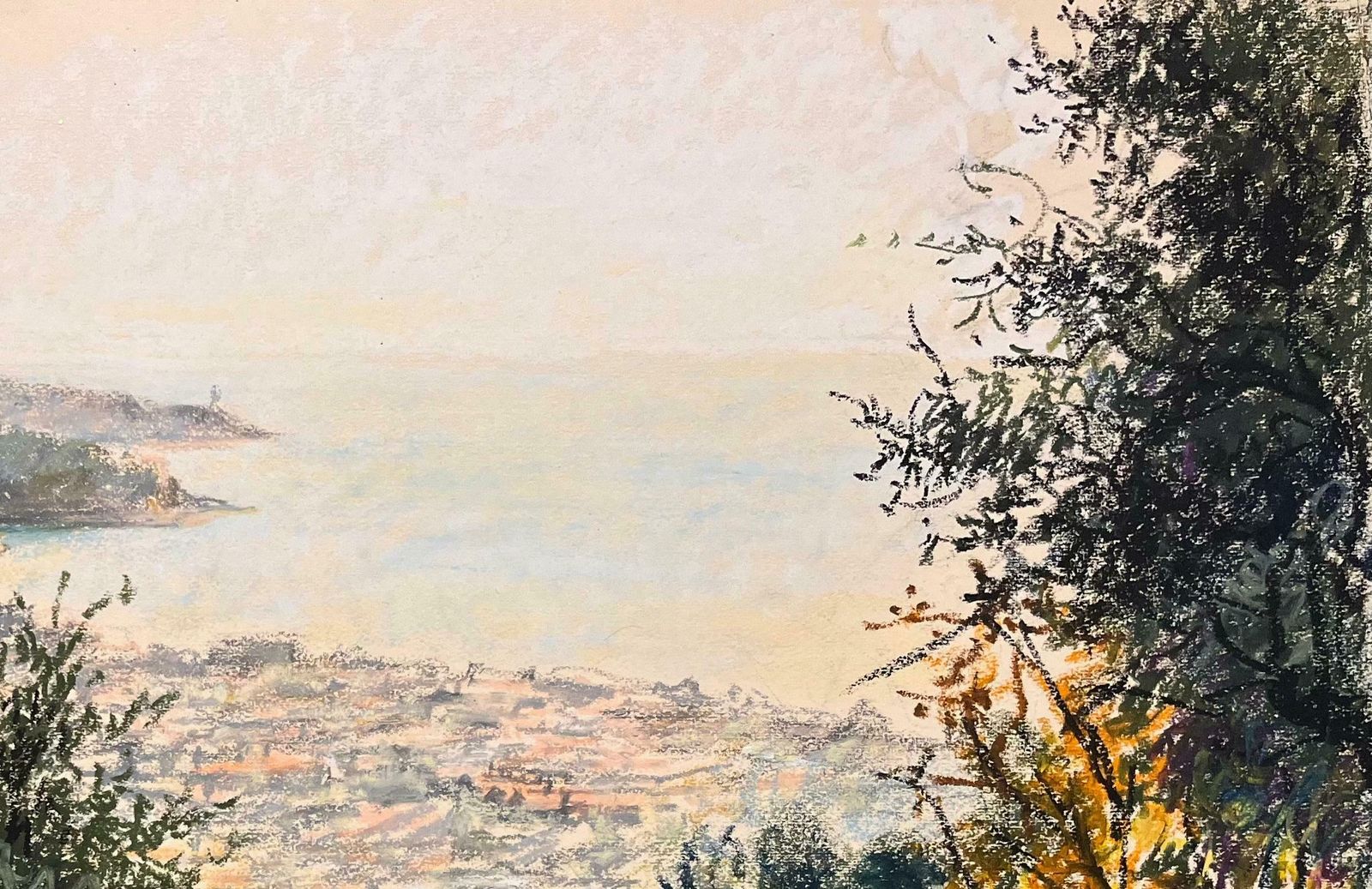 Josine Vignonmid Century French Pastel Drawing Of A Lush Garden Overlooking Coastal Scene1950's photo Art