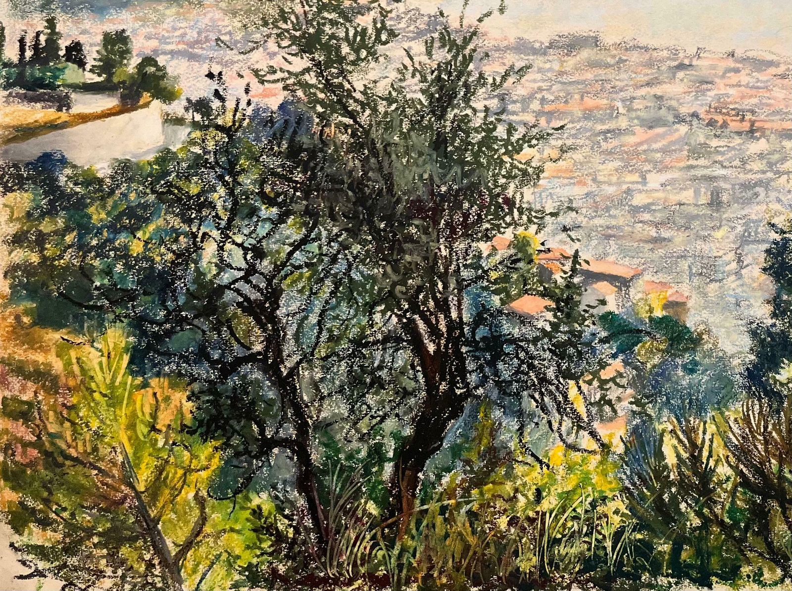 Josine Vignonmid Century French Pastel Drawing Of A Lush Garden Overlooking Coastal Scene1950's photo vinterior