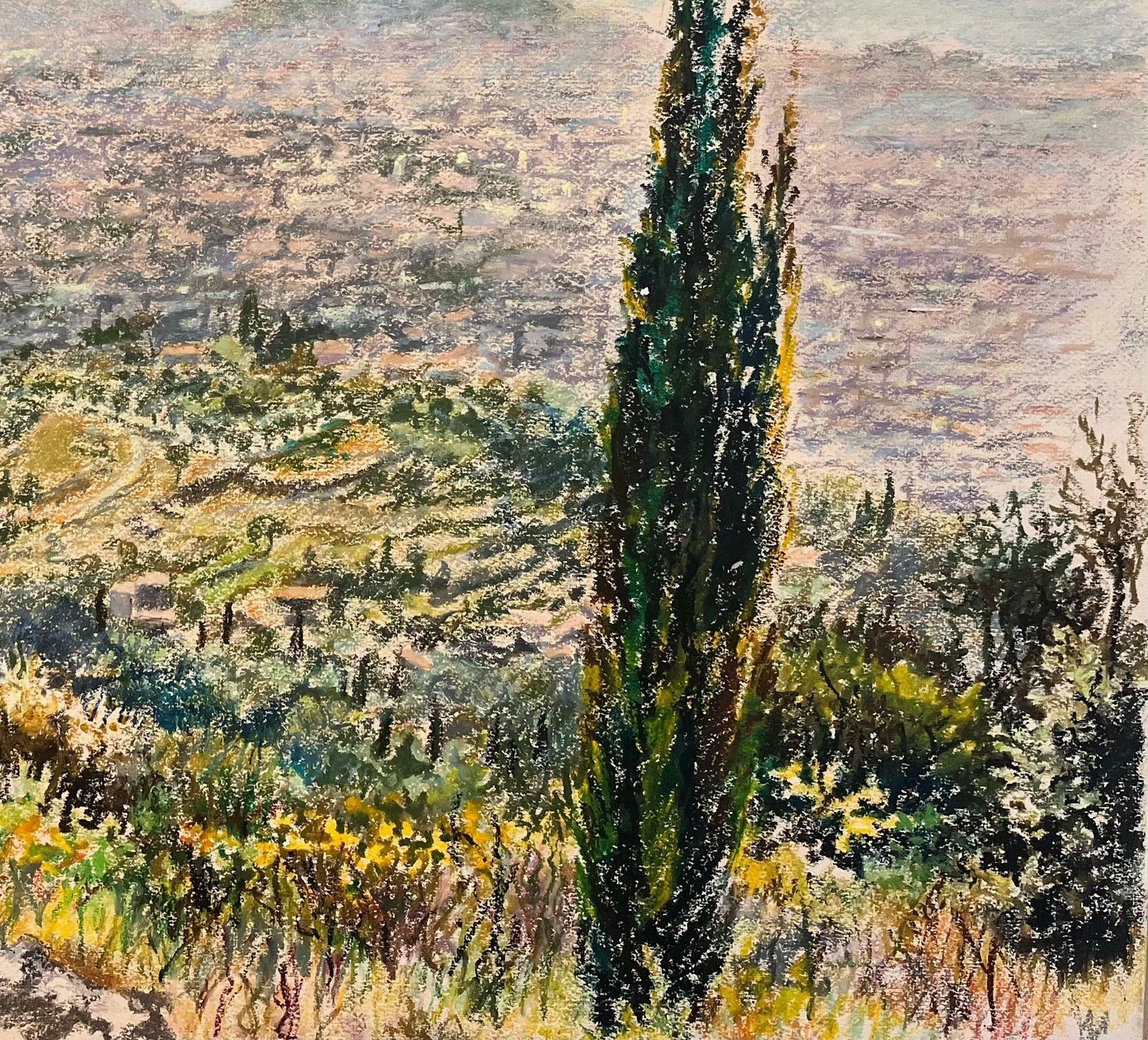 Josine Vignonmid Century French Pastel Drawing Of Distant Hillside View With Cypress Trees1950's photo 775.0