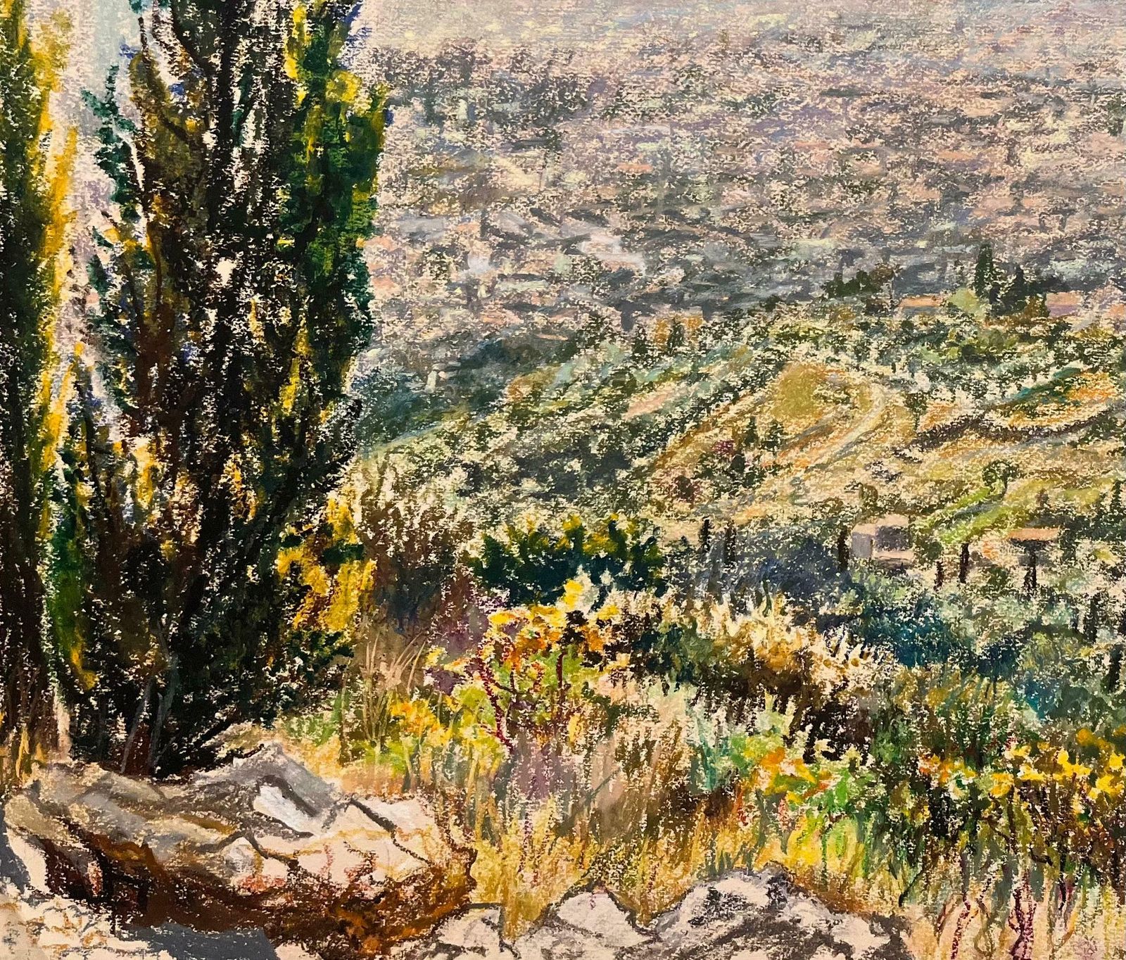Josine Vignonmid Century French Pastel Drawing Of Distant Hillside View With Cypress Trees1950's photo vinterior