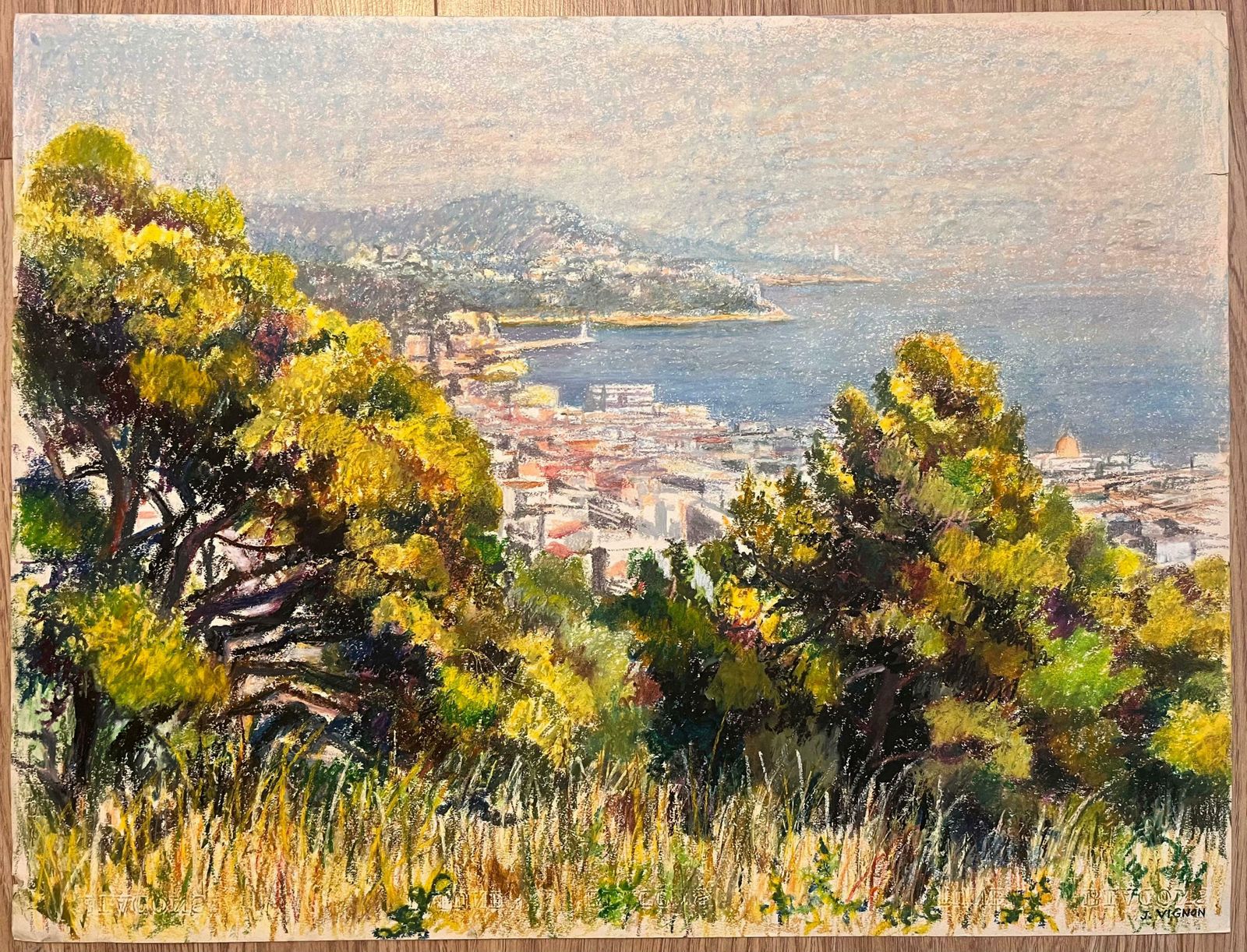 Josine Vignonmid Century French Pastel Drawing Of Town And Sea View With Sunlit Trees1950's photo furniture