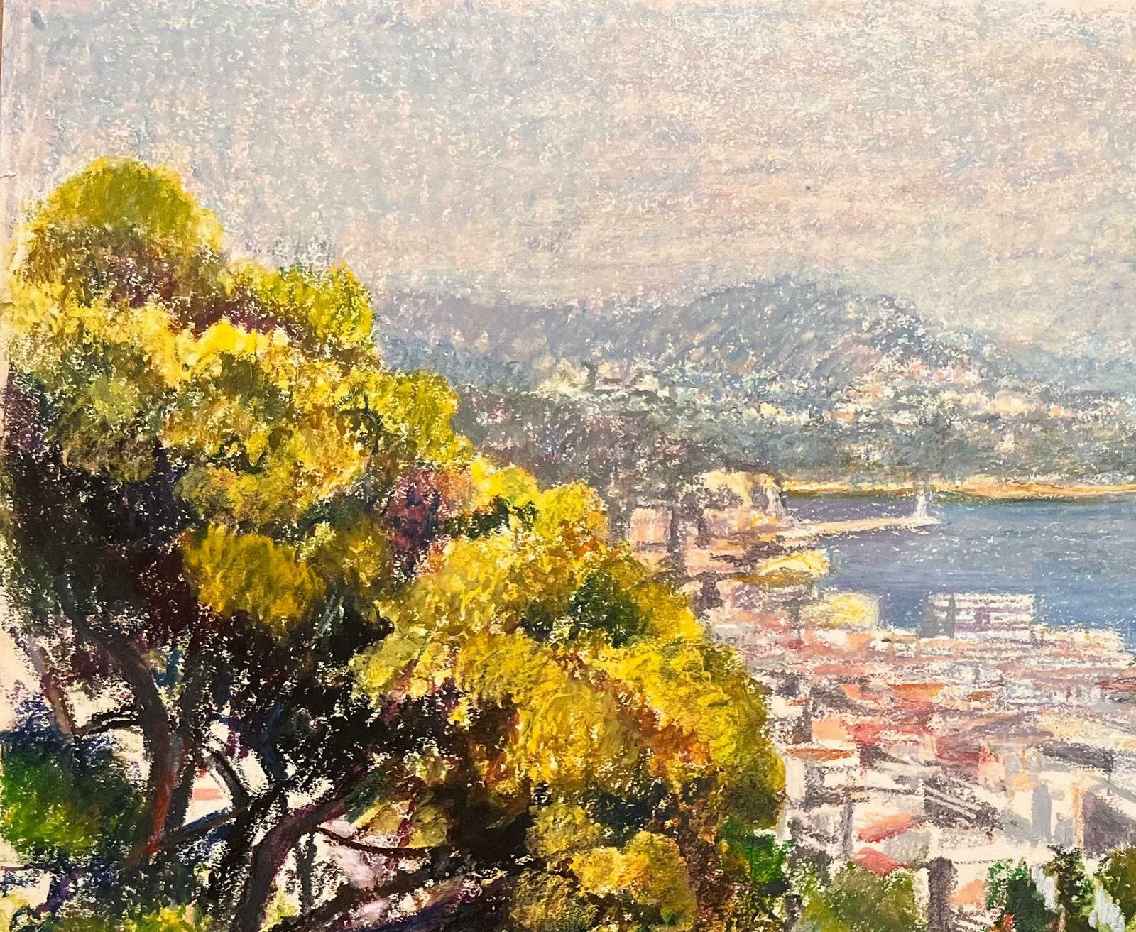 Josine Vignonmid Century French Pastel Drawing Of Town And Sea View With Sunlit Trees1950's photo for sale