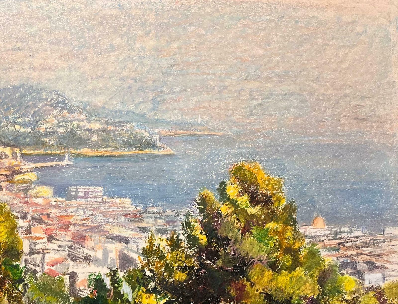 Josine Vignonmid Century French Pastel Drawing Of Town And Sea View With Sunlit Trees1950's photo Art