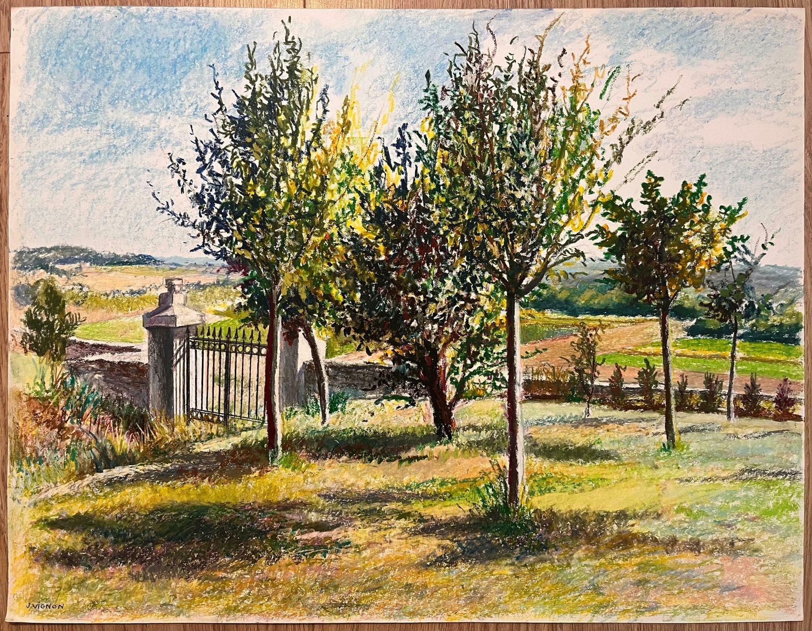 Josine Vignonmid Century French Original Pastel Drawing Sunlit Landscape With Iron Gate1950's photo furniture