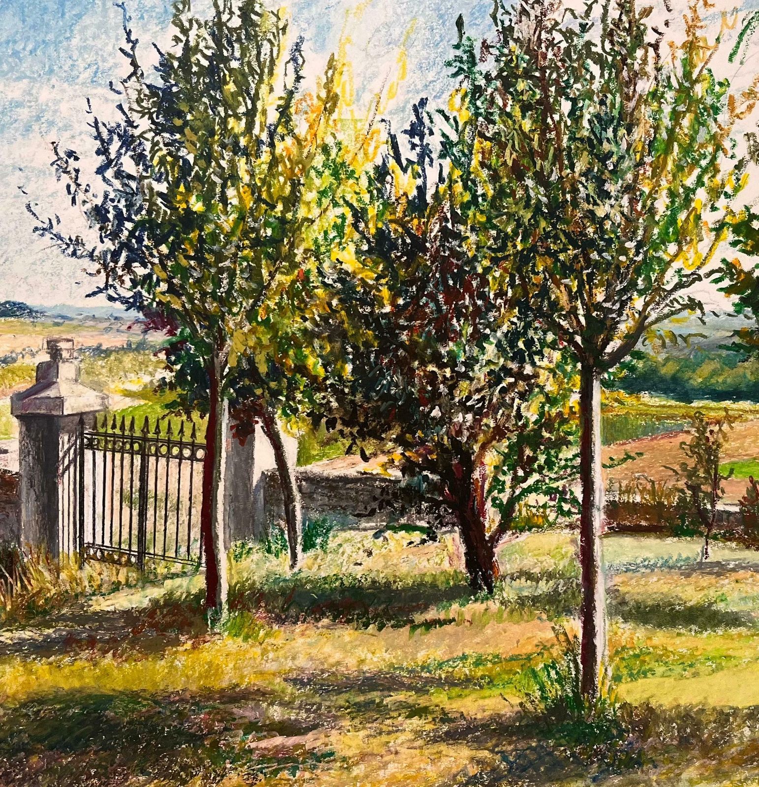 Josine Vignonmid Century French Original Pastel Drawing Sunlit Landscape With Iron Gate1950's photo buy