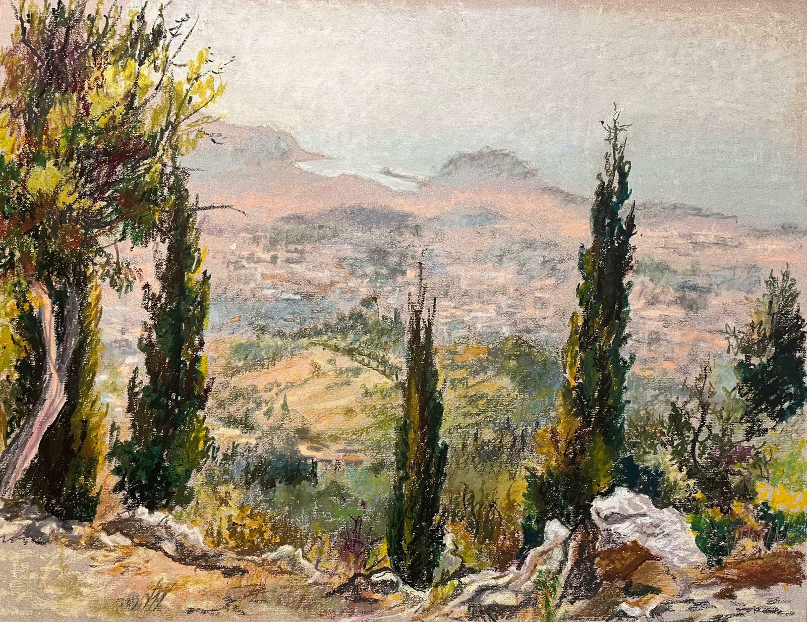 Josine Vignonmid Century French Original Pastel Drawing Of Hillside View With Cypress Trees1950's