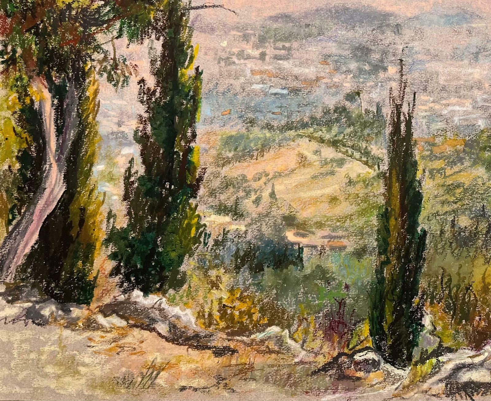 Josine Vignonmid Century French Original Pastel Drawing Of Hillside View With Cypress Trees1950's photo vinterior