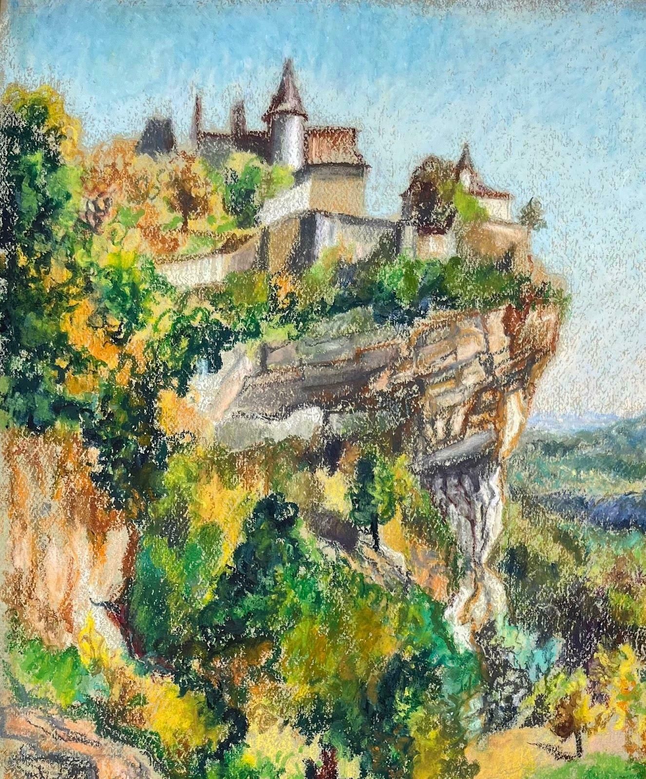 Josine Vignonmid Century French Original Pastel Painting Of A Cliffside Village1950's photo for sale