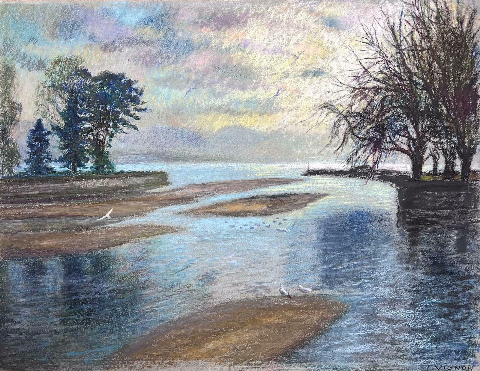 Josine Vignonwhite Birds Flying Over Dappled Light Lakes 1970's French Impressionist Pastel1977
