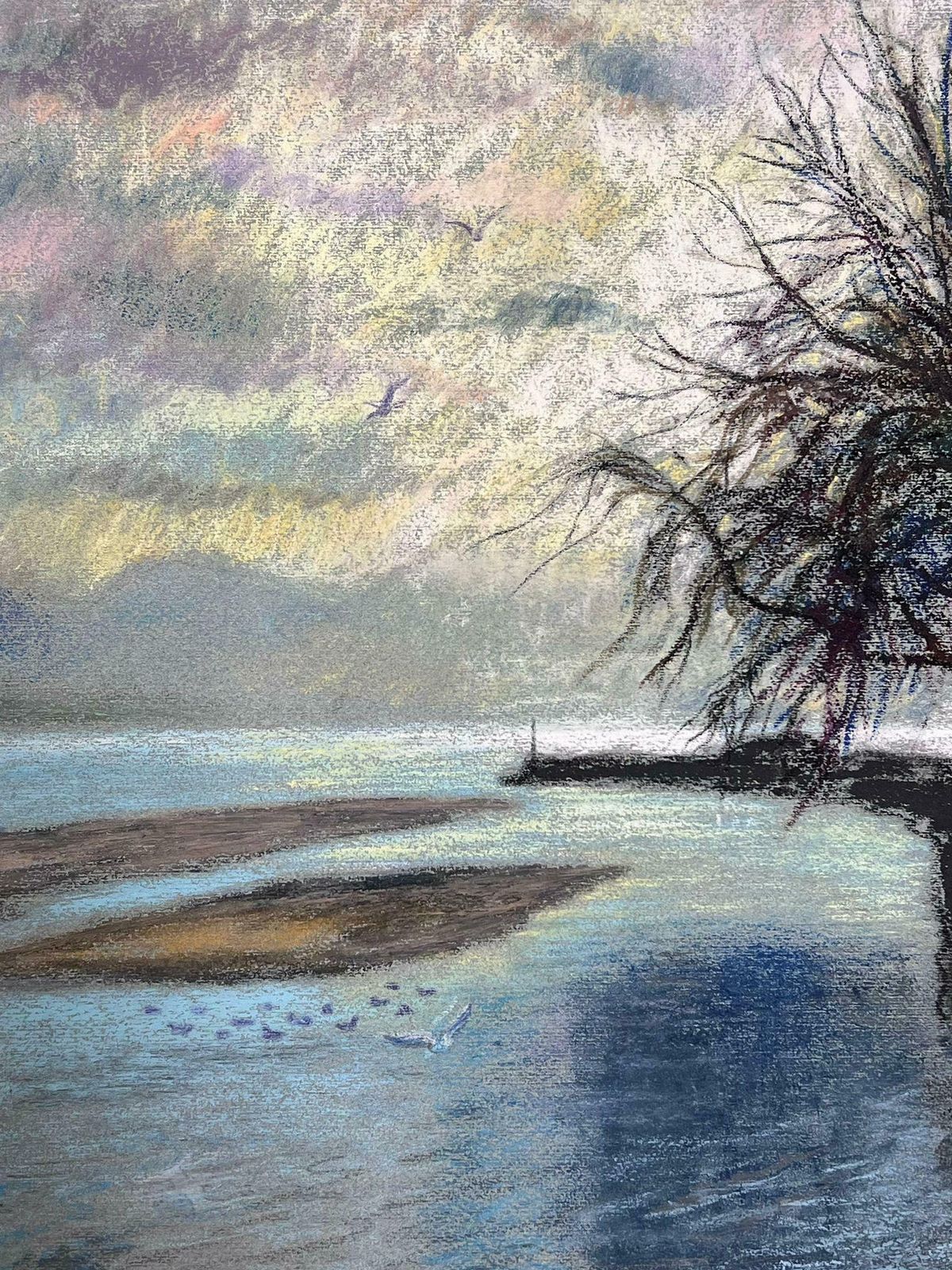 Josine Vignonwhite Birds Flying Over Dappled Light Lakes 1970's French Impressionist Pastel1977 photo 875.0