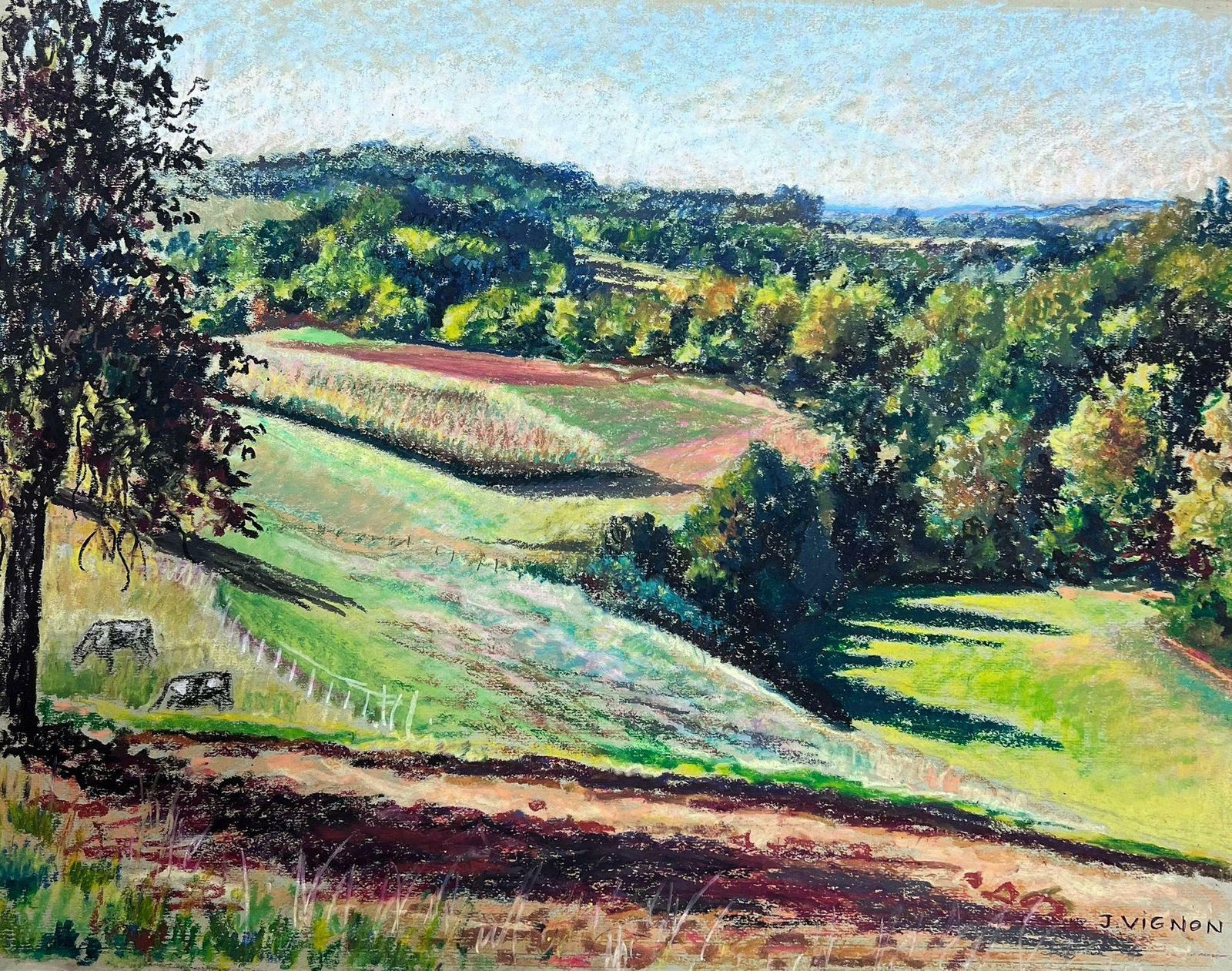 Josine Vignonlarge 1970's French Impressionist Pastel Cows Munching On Summer Green Grass1977 photo buy