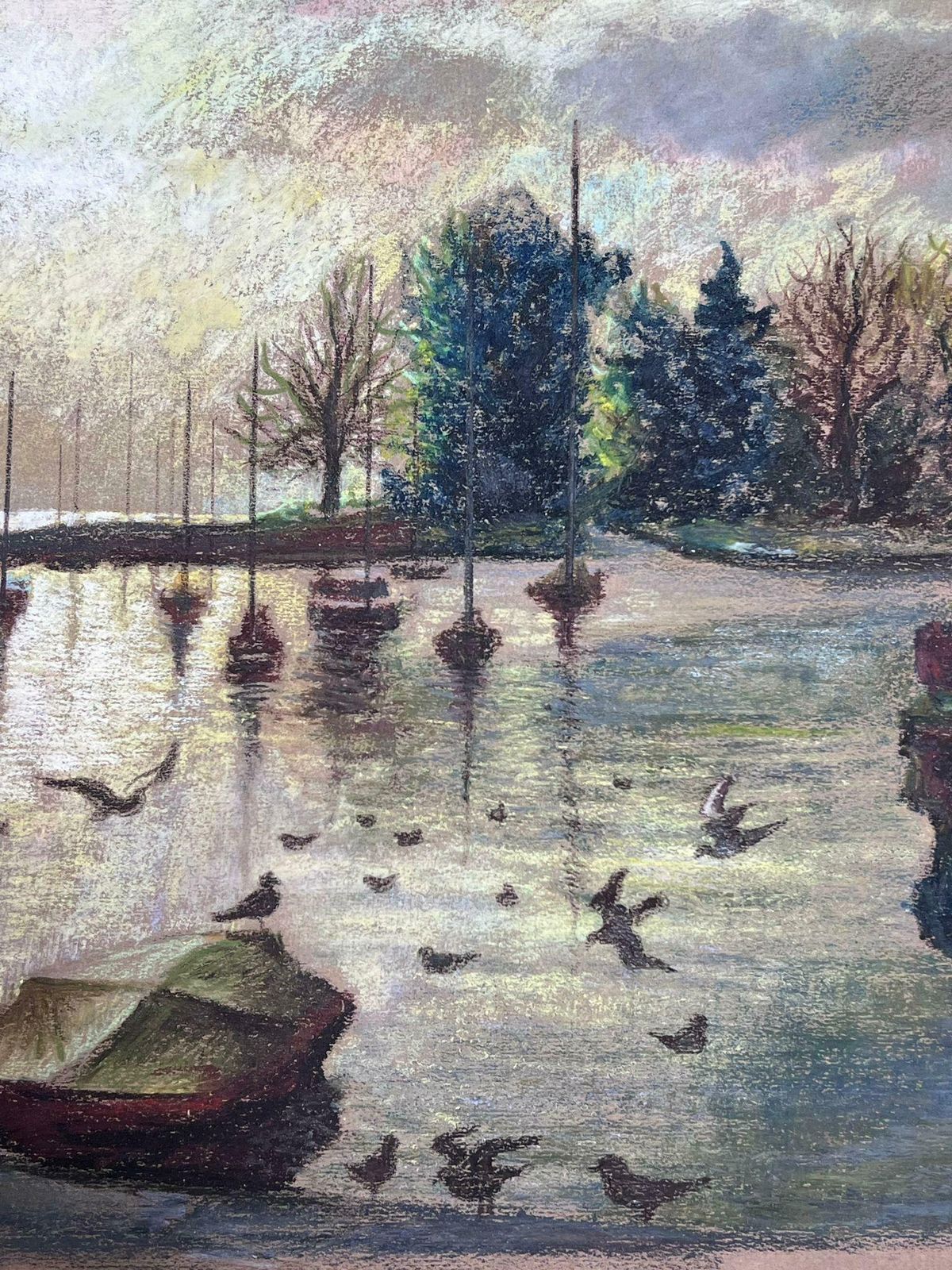 Josine Vignondappled Light Over Still Harbour Large 1970's French Impressionist Pastel 1977 photo 875.0