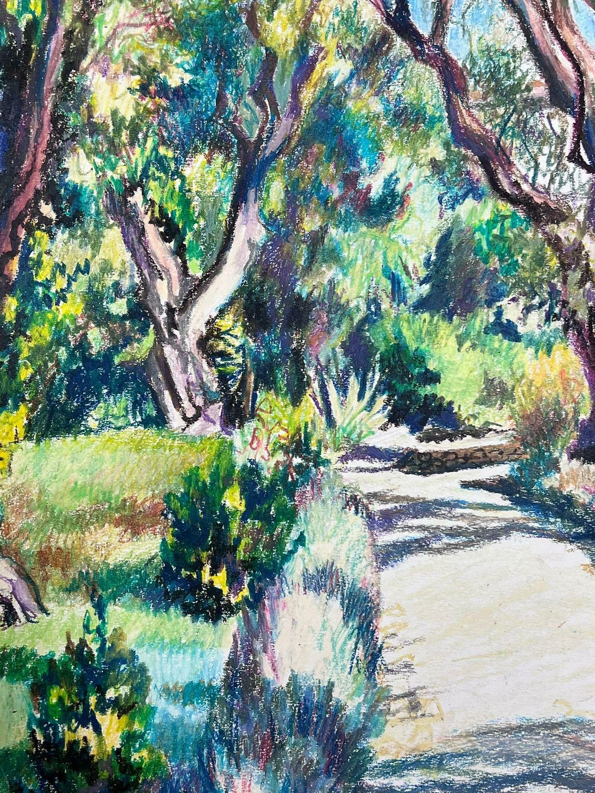 Josine Vignonsummer Coastal Tree Path Large 1970's French Impressionist Pastel 1977 photo Art