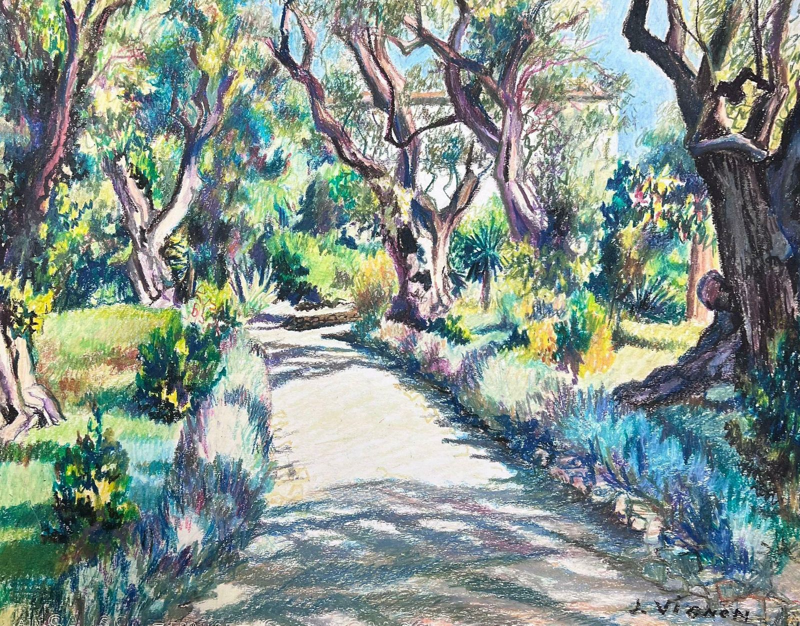 Josine Vignonsummer Coastal Tree Path Large 1970's French Impressionist Pastel 1977 photo vinterior