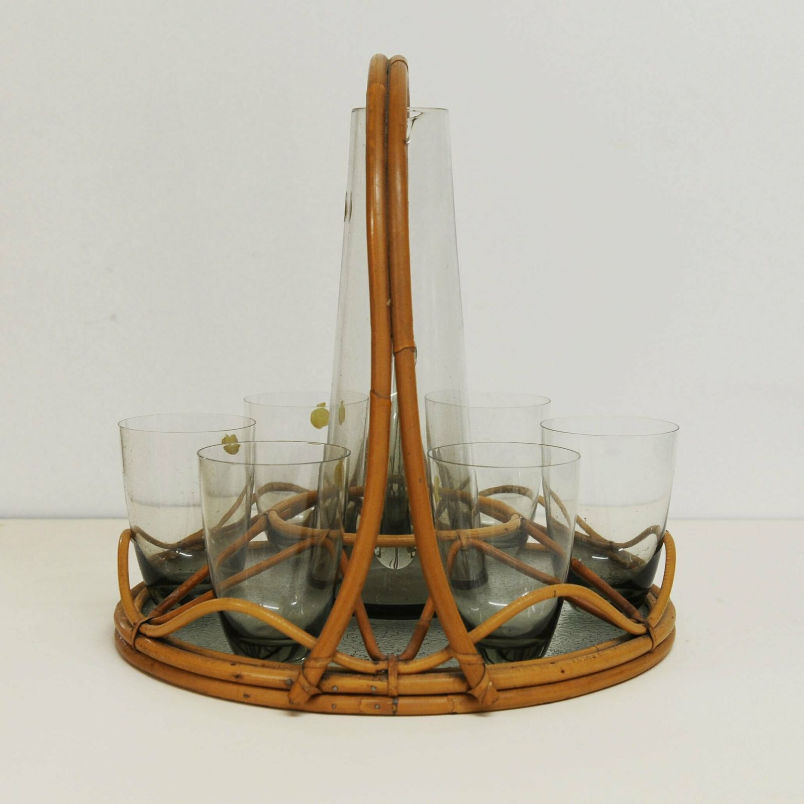 Smoke Grey Martini Glass Pitcher And Six Glass Cups By Per Lütken For Holmegaard, 1960s photo for sale