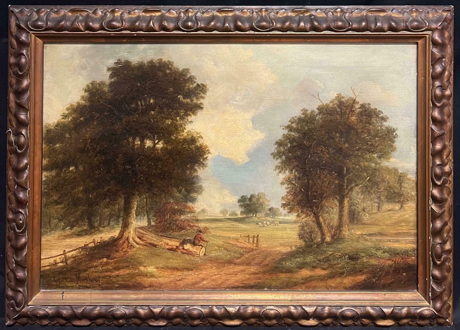 Antique English 19th Century English Oil Pastoral Landscape With Woodcutter And Cattle Grazing 19th Century photo furniture