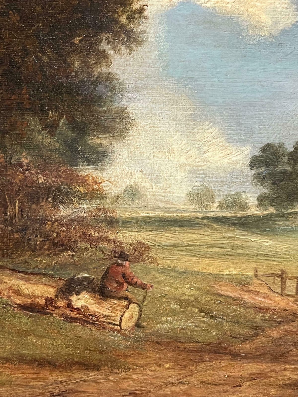 Antique English 19th Century English Oil Pastoral Landscape With Woodcutter And Cattle Grazing 19th Century photo Art
