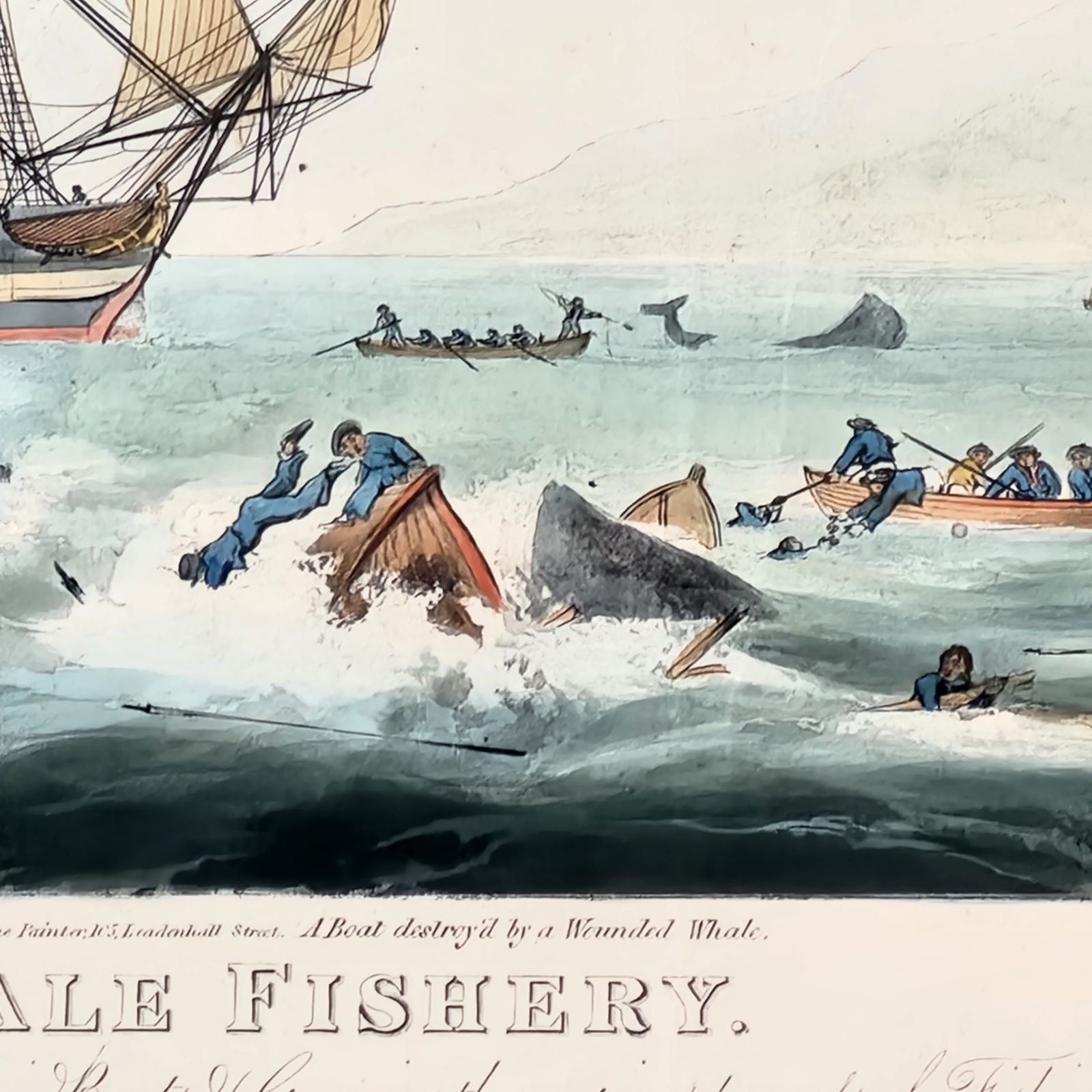 Framed Antique Aquatint South Sea Whale Fishery 19th C After William Huggins photo 300.0