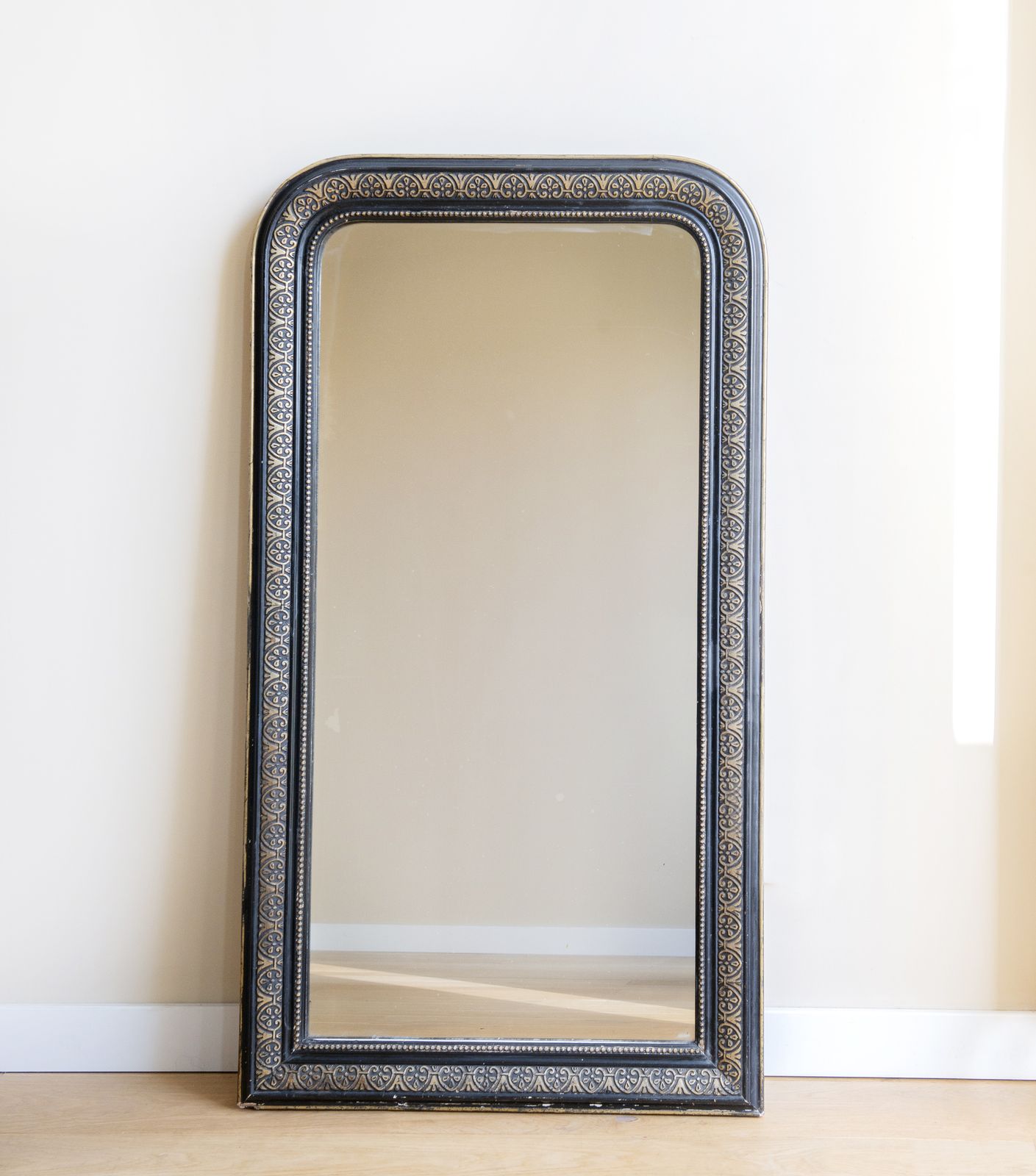 Extra Large Louis Philippe Arch Mirror, 19th Century Mantle Mirror, French Arch Floor Mirror, Carved Black And Gold Frame photo furniture