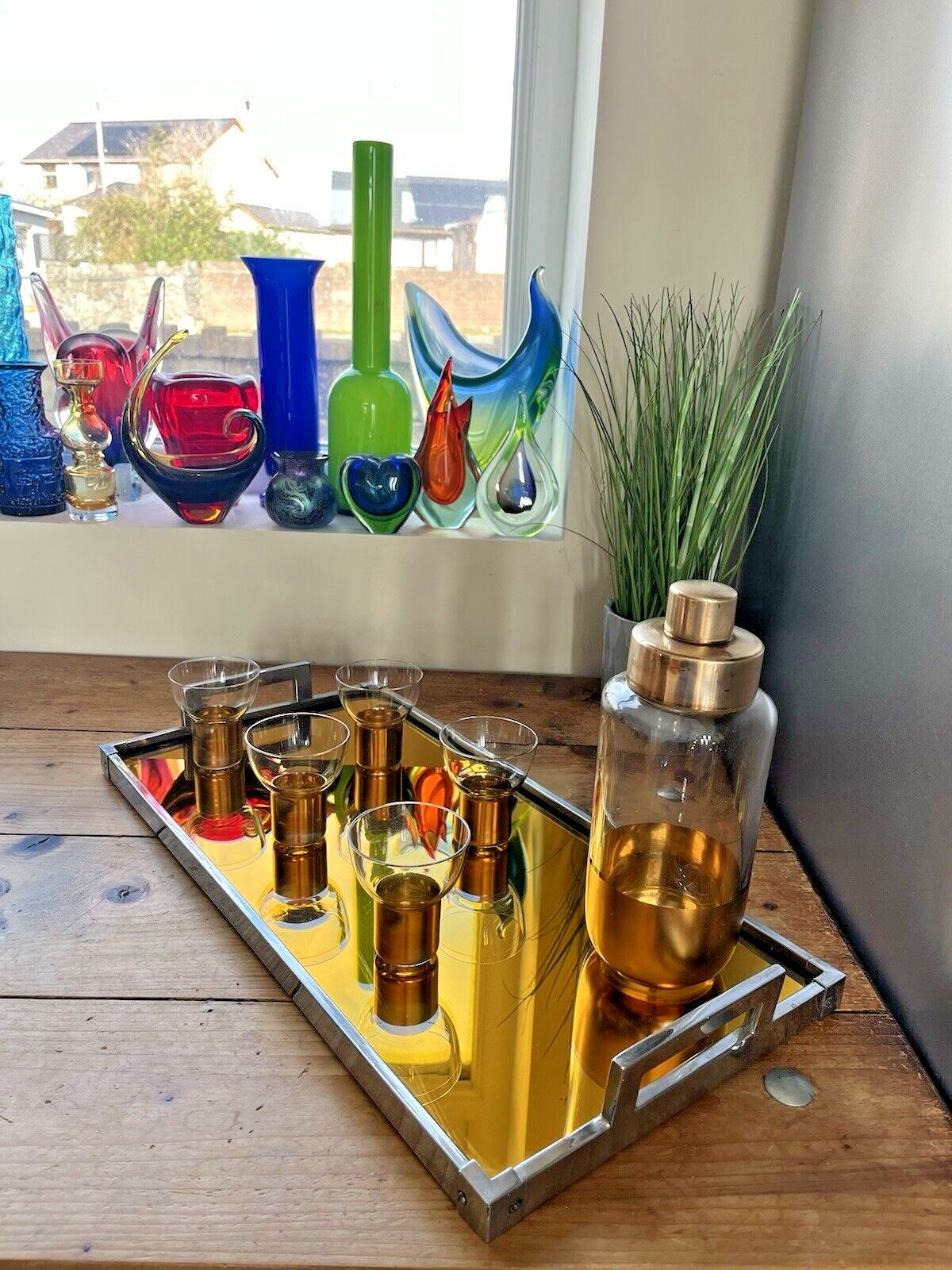 Antique Art Deco Gold Gilt Brass Cocktail Shaker Glasses & Servex Mirrored Tray photo for sale