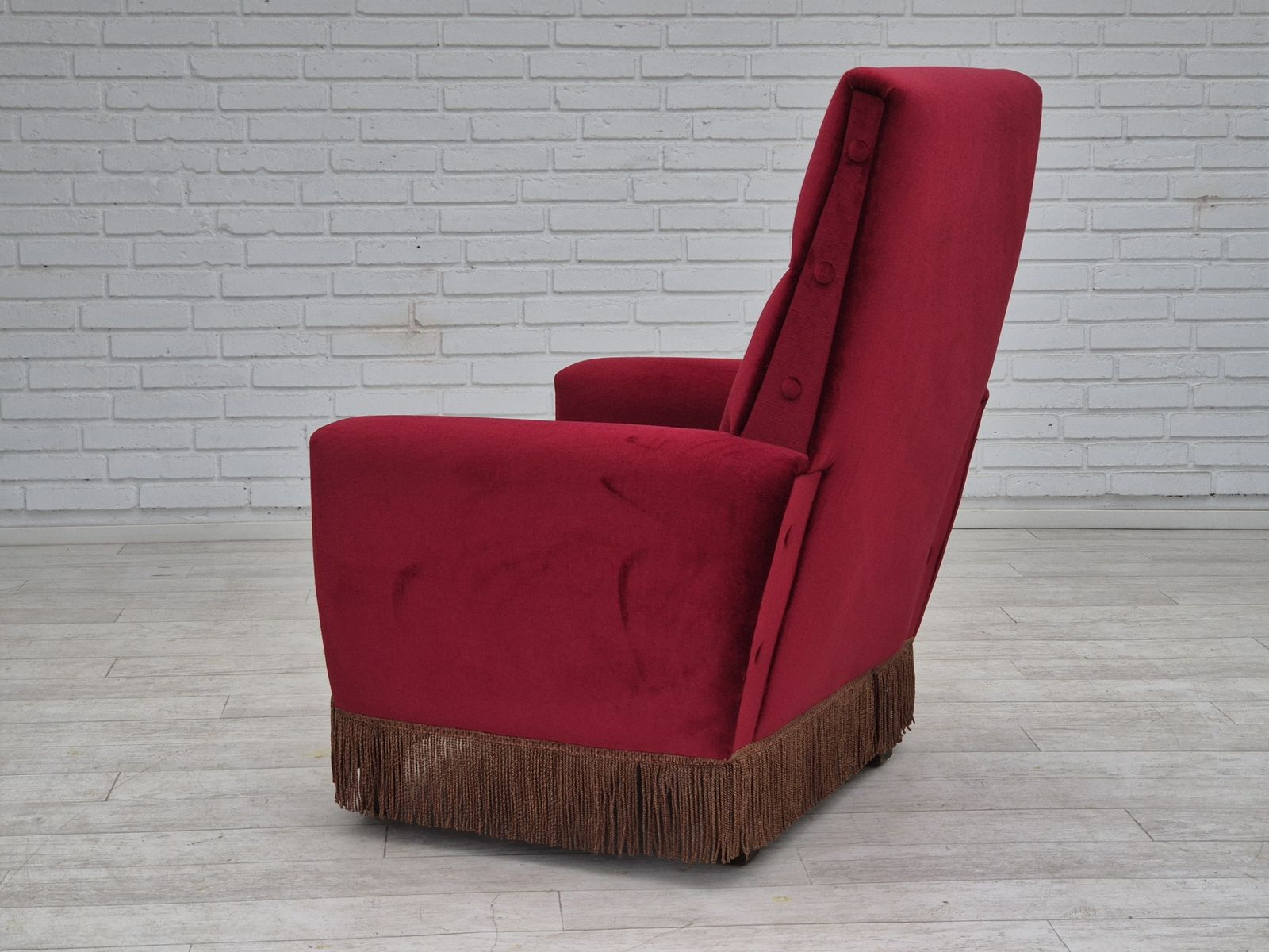 1970s, Danish Highback Armchair, Original Condition, Red Furniture Velour. photo vinterior