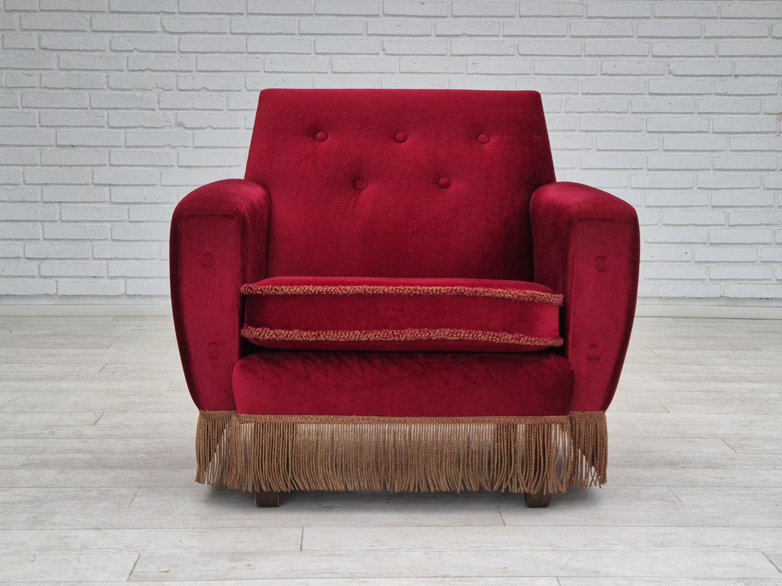 1970s, Danish Lounge Chair, Original Condition, Cherry Red Velour Fabric. photo vintage