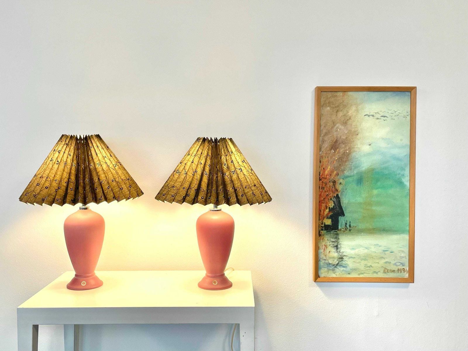 Vintage Pair Of 1980s Danish Ceramic Table Lamps In Rose Pink With Black Flower Patterned Pleated Shades   Design From Odreco photo furniture
