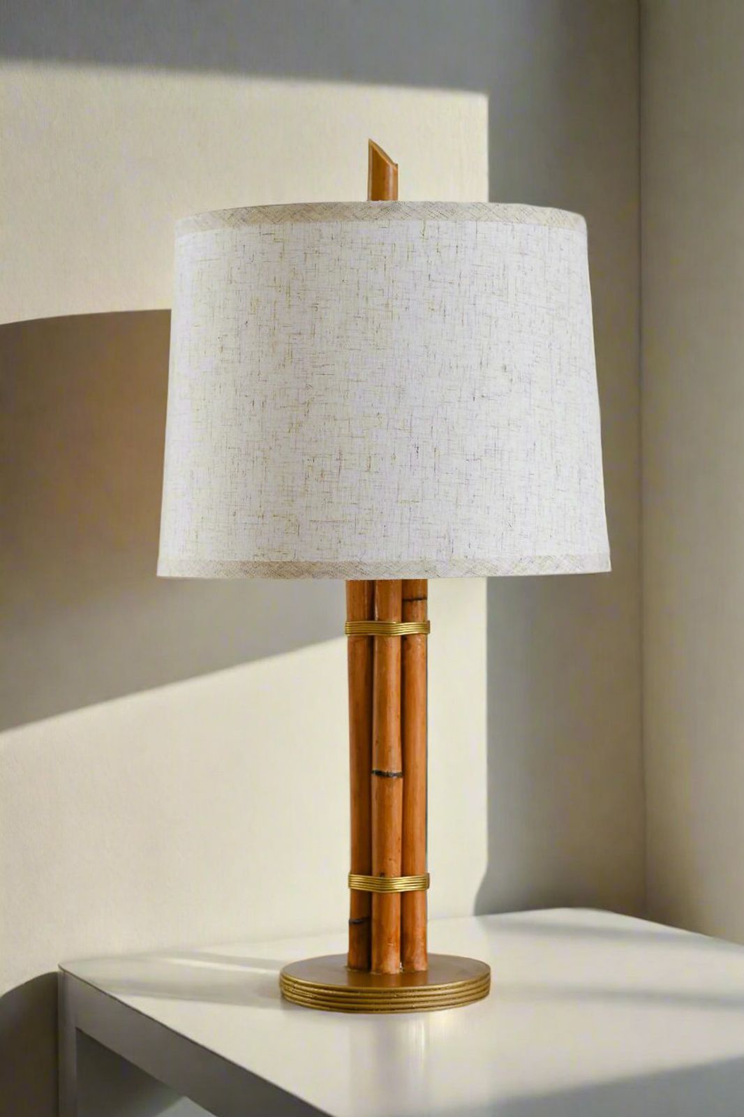 Rattan & Brass Table Lamp Mid Century Modern Style