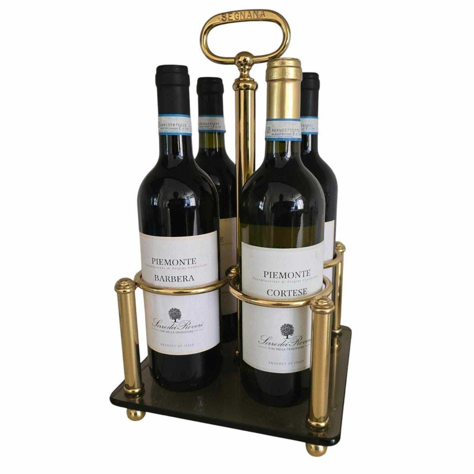photo for sale Vintage Hollywood Regency Brass And Smoky Glass 4 Bottles Wine Rack Made In Italy