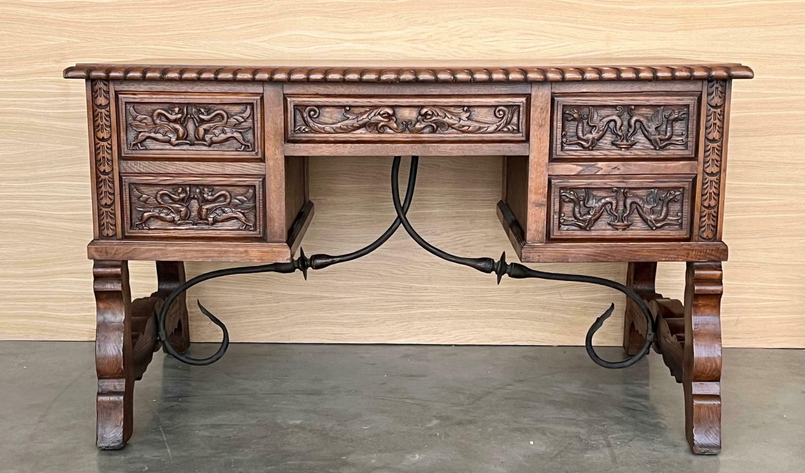 4229.0 19th Century Spanish Two Faces Baroque Style Oak Library Table Or Desk photo