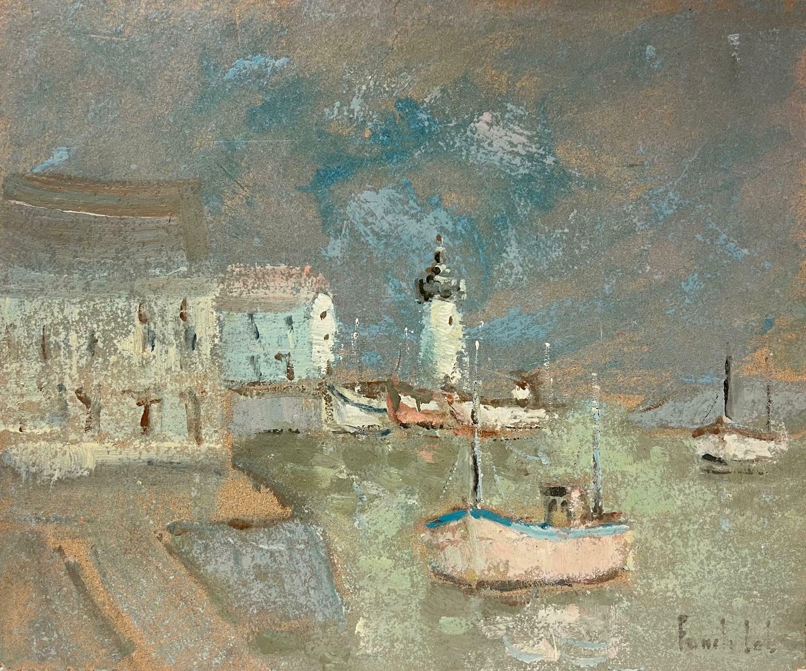 Fanch Lelimpressionist Rainy Harbor Coastal Scene With Lighthouse Landscape20th Century