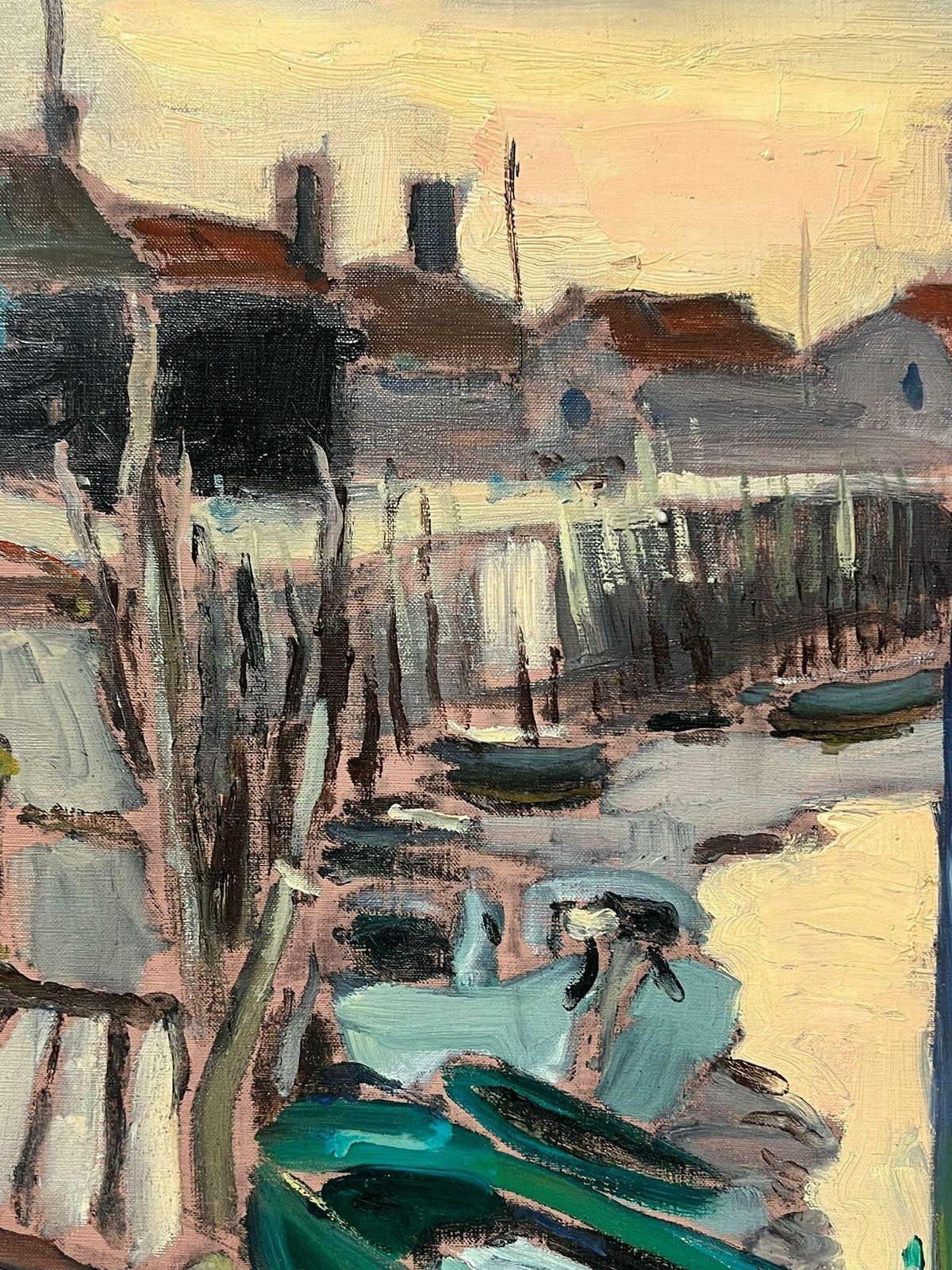 Georges Bordonove1960's French Post Impressionist Painting Low Tide Estuary Creek Fishing Boats photo for sale