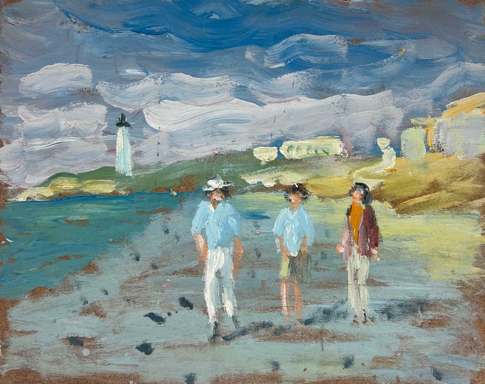 Fanch Lelfigures Strolling On A Breezy Shoreline With A Lighthouse In The Distance Oil20th Century