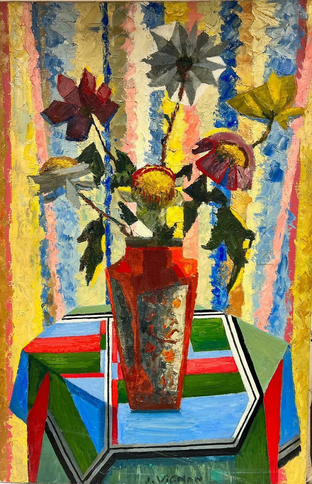 Josine Vignonmid Century French Cubist Signed Oil Painting Still Life Of Flowers In Vase1960's