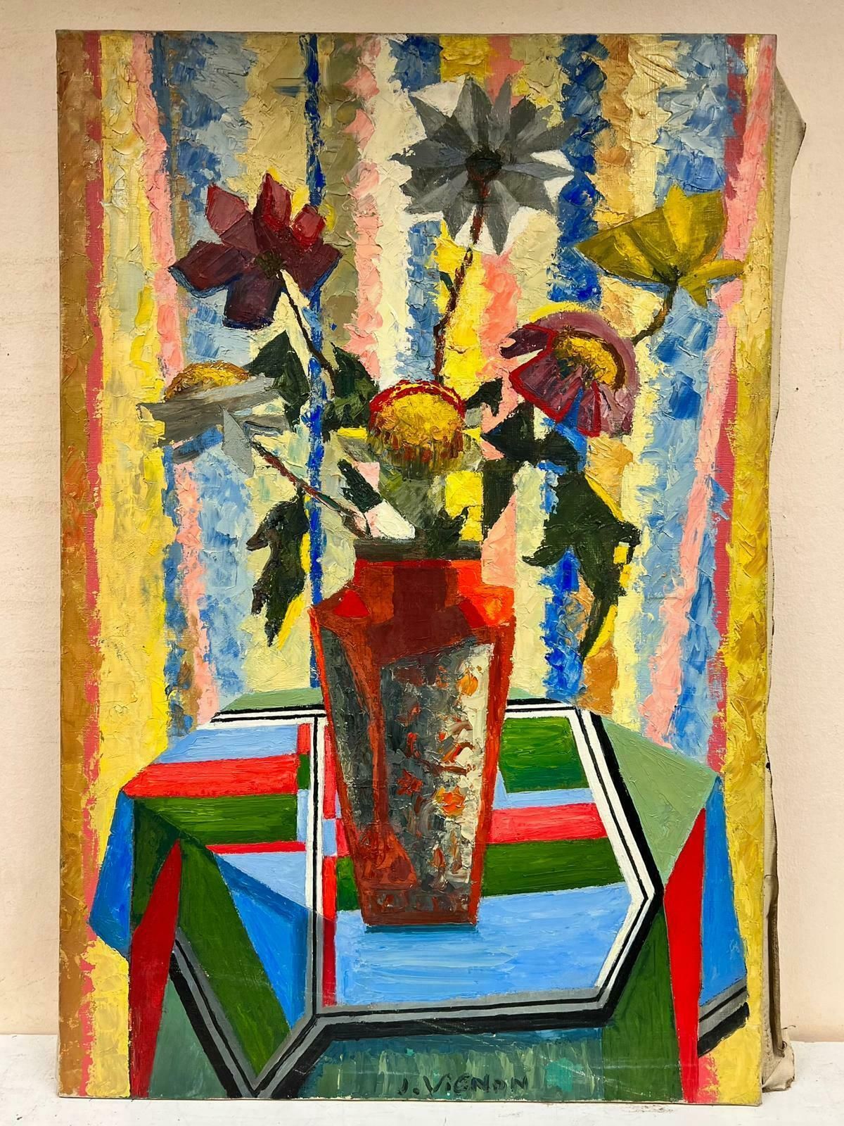 Josine Vignonmid Century French Cubist Signed Oil Painting Still Life Of Flowers In Vase1960's photo furniture