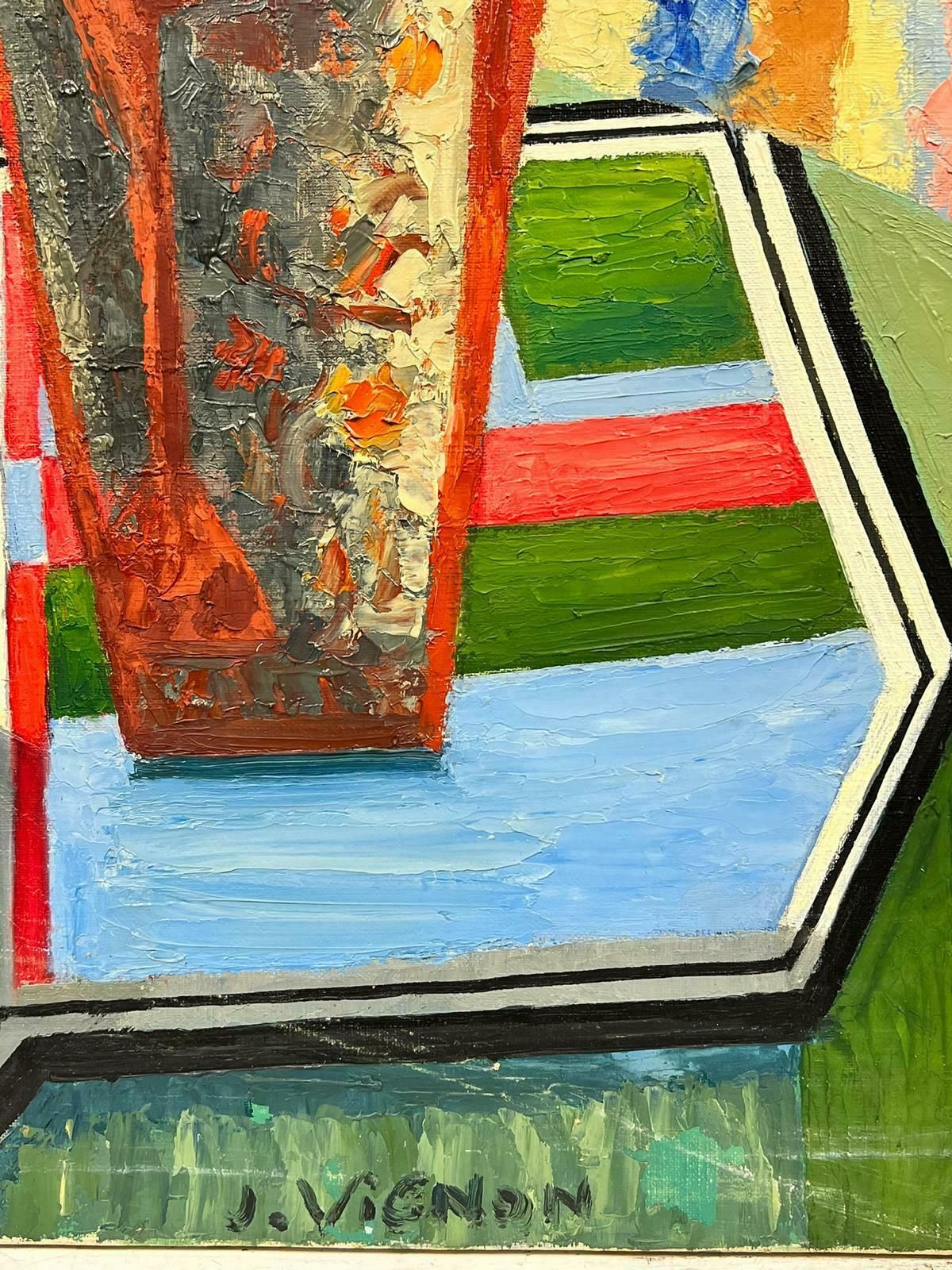 Josine Vignonmid Century French Cubist Signed Oil Painting Still Life Of Flowers In Vase1960's photo vintage